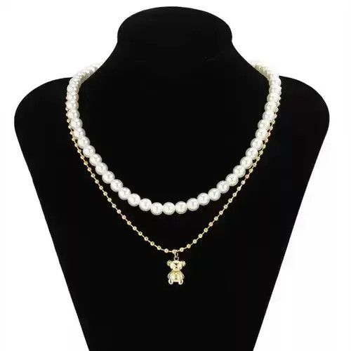 Jewelry Creative Double Layer Pearl Bear Necklace Size ONE SIZE - 1 Thumbnail