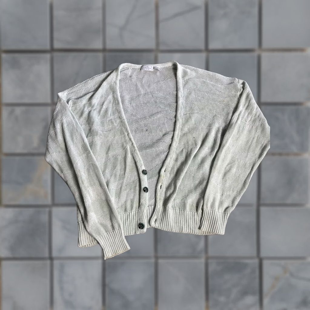 Valentino VINTAGE Valentino Uomo Cardigan Mens Large Green Linen Cotton Knit Geometric Open-Nit Button Front Lightweight V-Neck Size US L / EU 52-54 / 3 - 1 Thumbnail