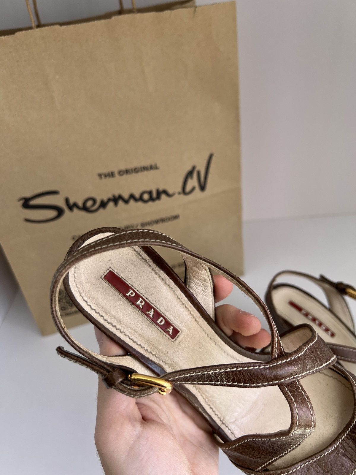 Prada × Vintage Vintage PRADA BROWN LEATHER STRAPPY PLATFORM HEELS SANDALS Size US 7 / IT 37 - 6 Thumbnail