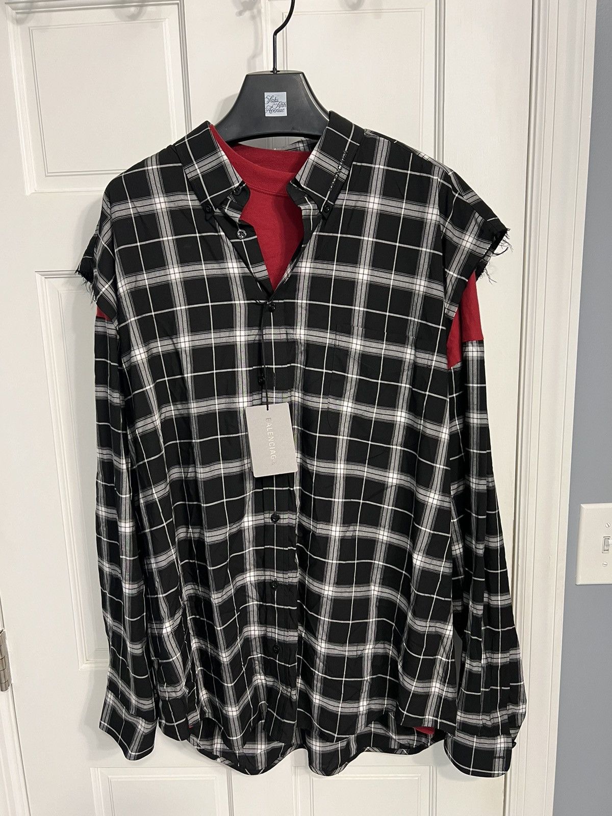 image of Balenciaga Flannel Ripped Long Sleeve Shirt Size 38 in Black, Men's