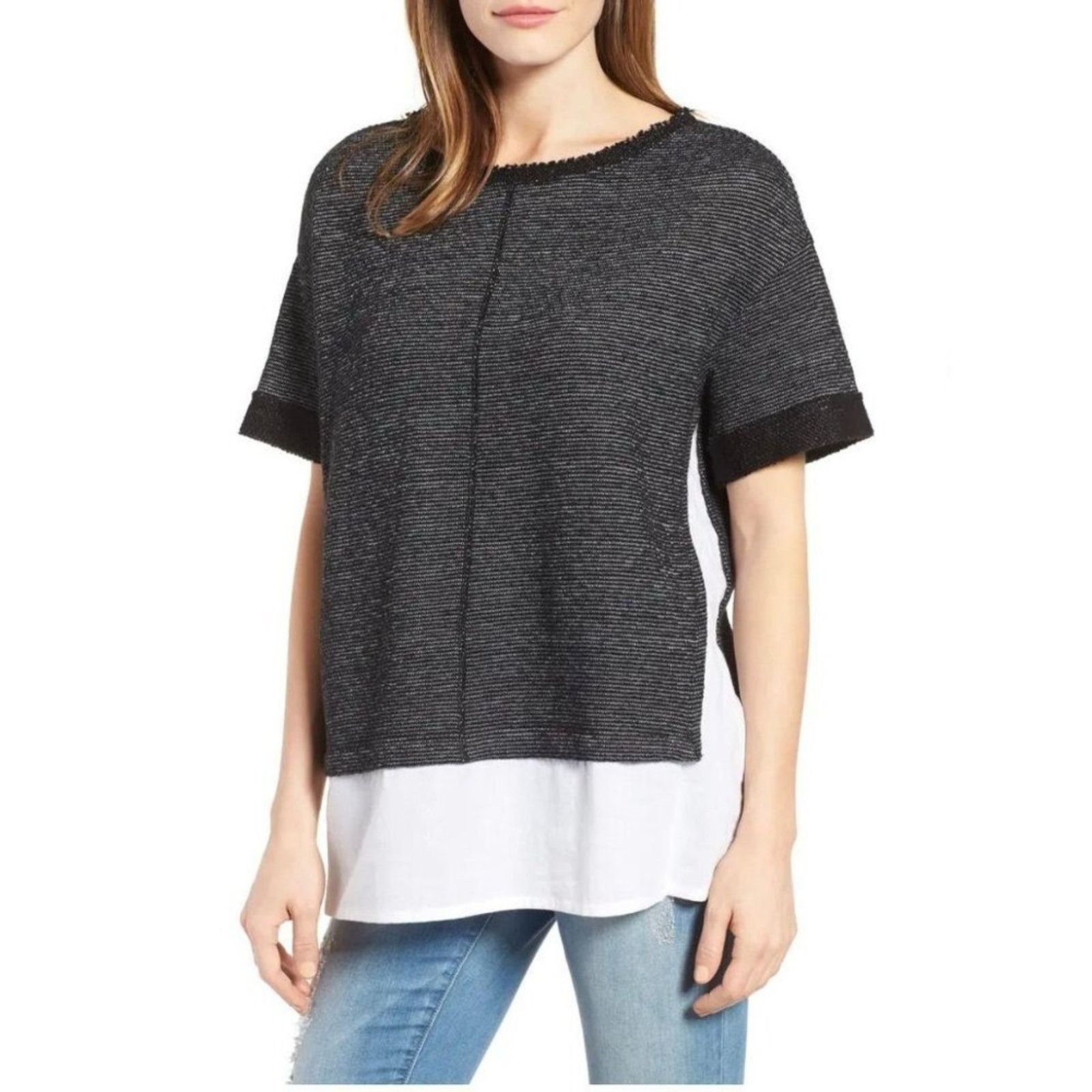 Other Caslon Black White Crewneck Woven Hem Stripe Texture Top M Size M / US 6-8 / IT 42-44 - 1 Thumbnail