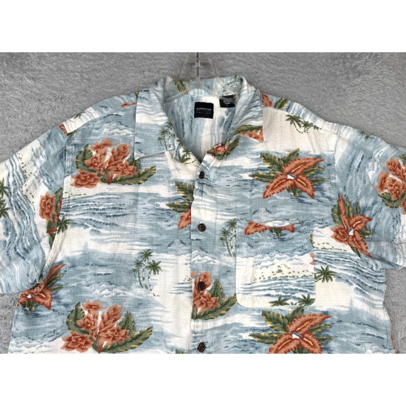 Arrow Arrow Shirt Men Large Blue White Red Floral Palm Pocket Button Up Hawaiian 100% Rayon Mens Size US L / EU 52-54 / 3 - 4 Thumbnail