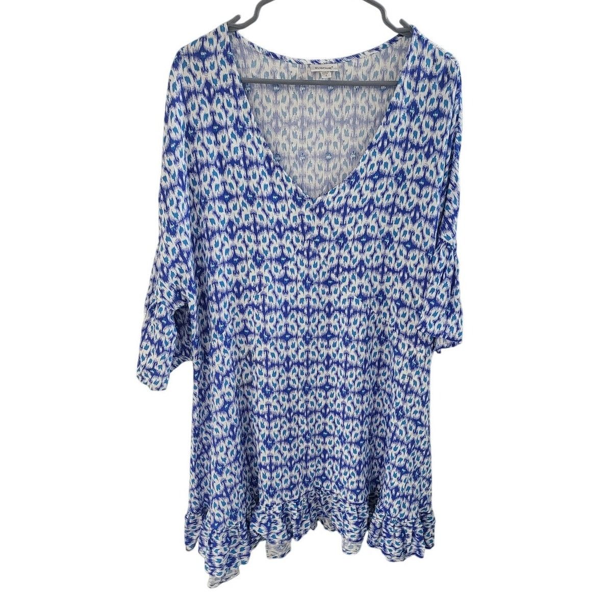 Avenue Avenue Blue & White V Neck Ruffled Hem Tunic Top - Size 18 Size XXL / US 16-18 / IT 52-54 - 1 Thumbnail