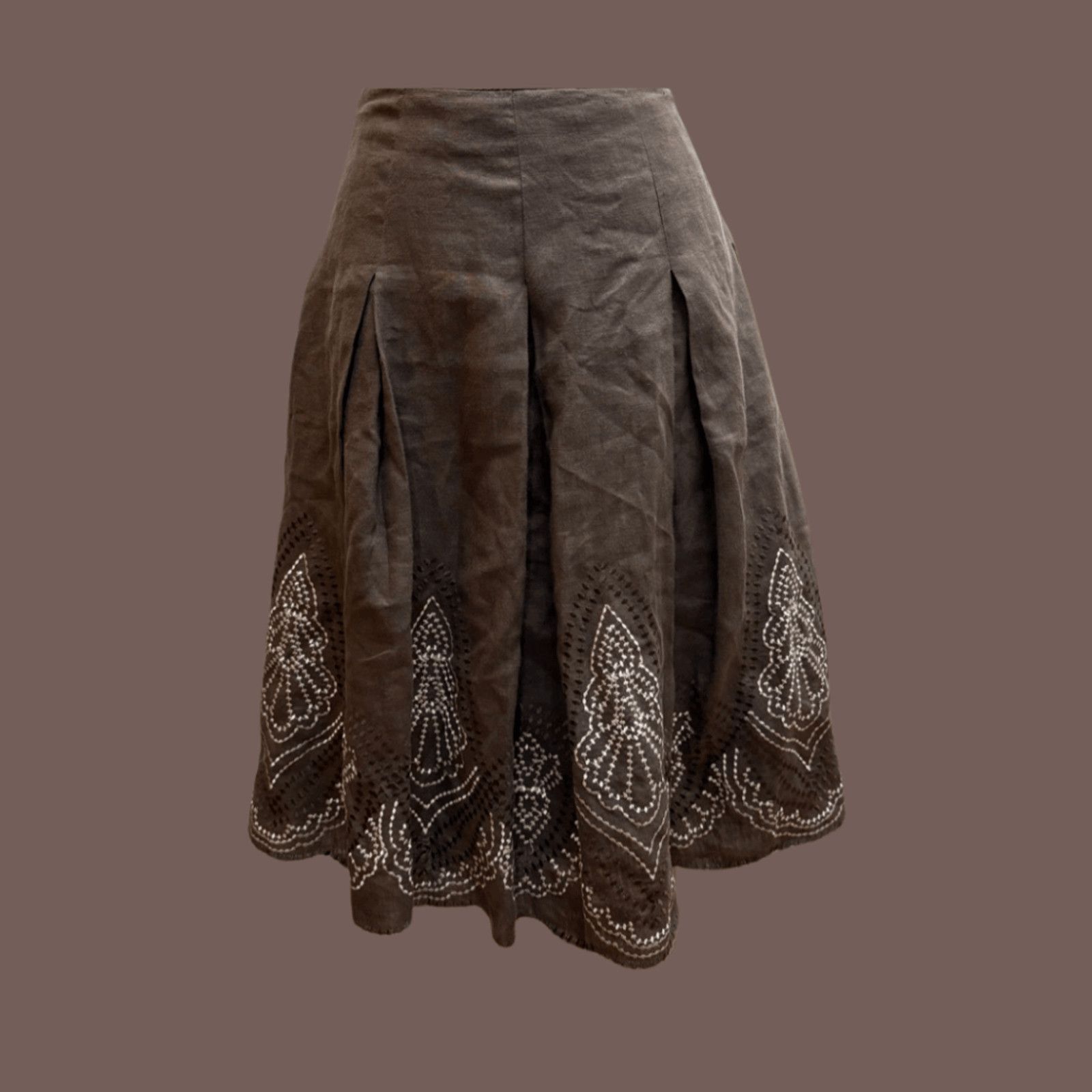 Elie Tahari VTG Linen Skirt | Tahari Embroidered Brown Cottagecore Femme Size 30" / US 8 / IT 44 - 3 Thumbnail