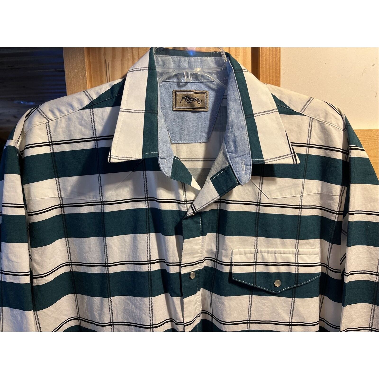 Roper Roper Men’s XL White Green Striped Pearl Snap Cotton Shirt Size US XL / EU 56 / 4 - 5 Thumbnail