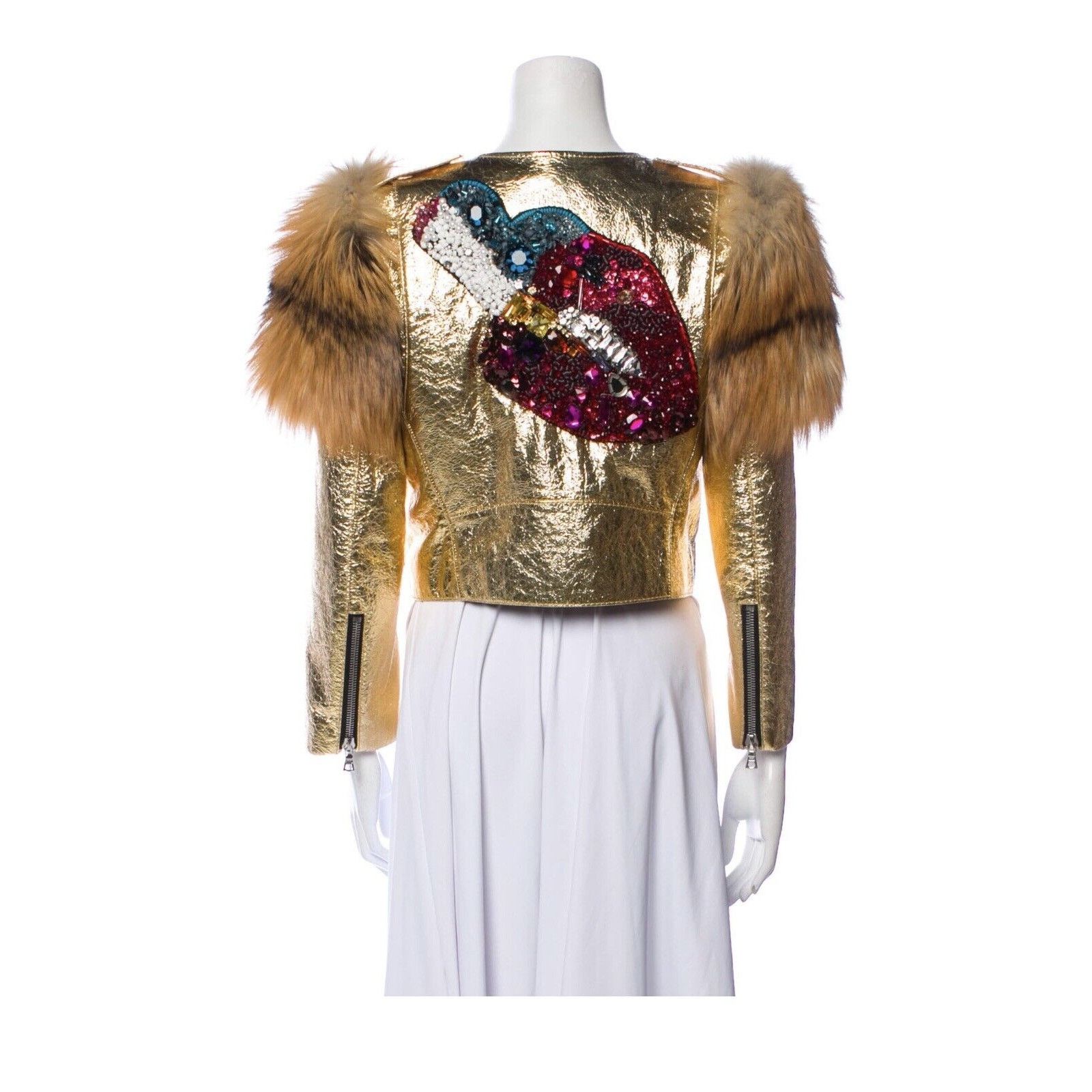 Marc Jacobs Fox Fur Leather Jacket Gold Sequin Lips M 6