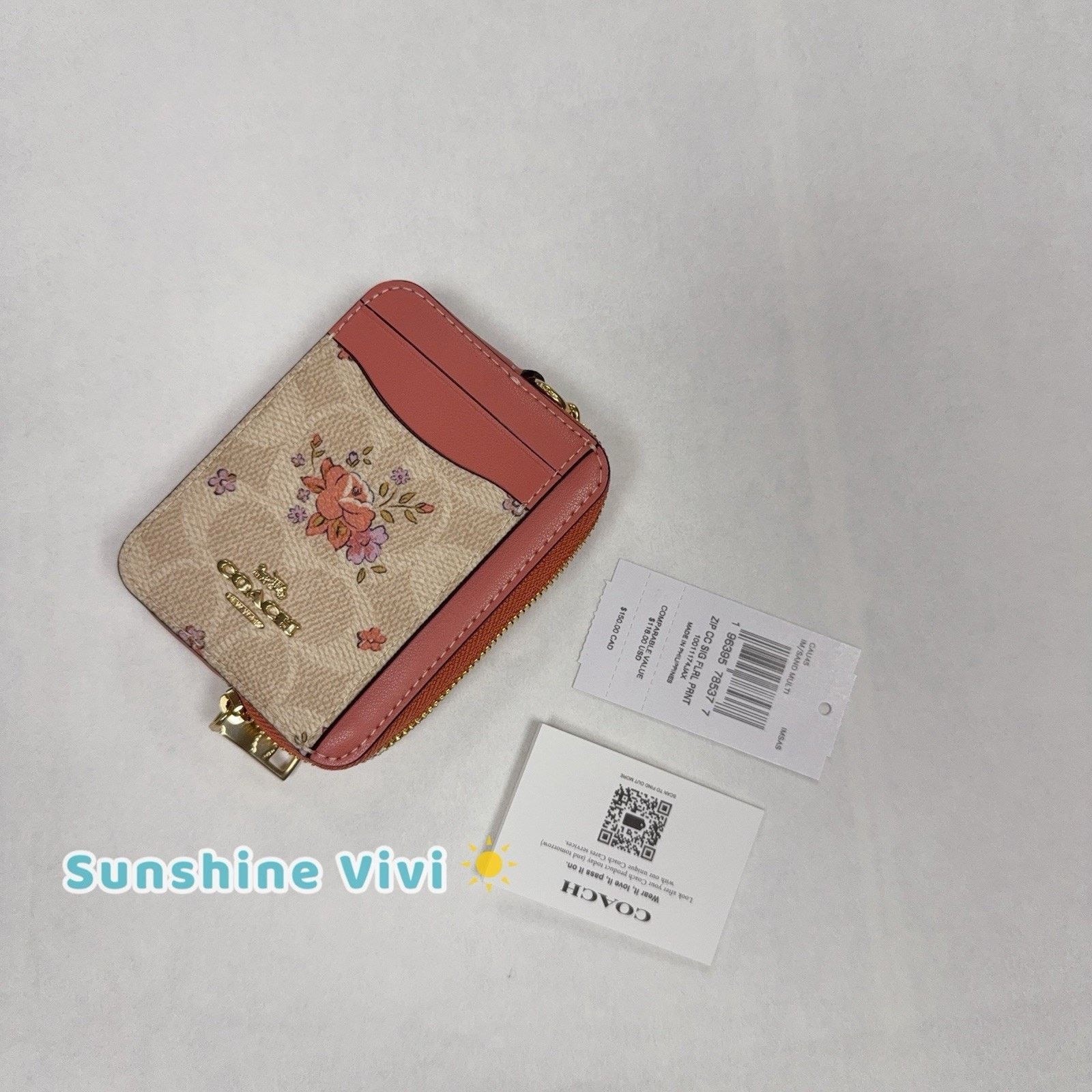 Coach NWT Coach Zip Card Case With Floral Print CAU45 Gold/Sand Size ONE SIZE - 6 Thumbnail