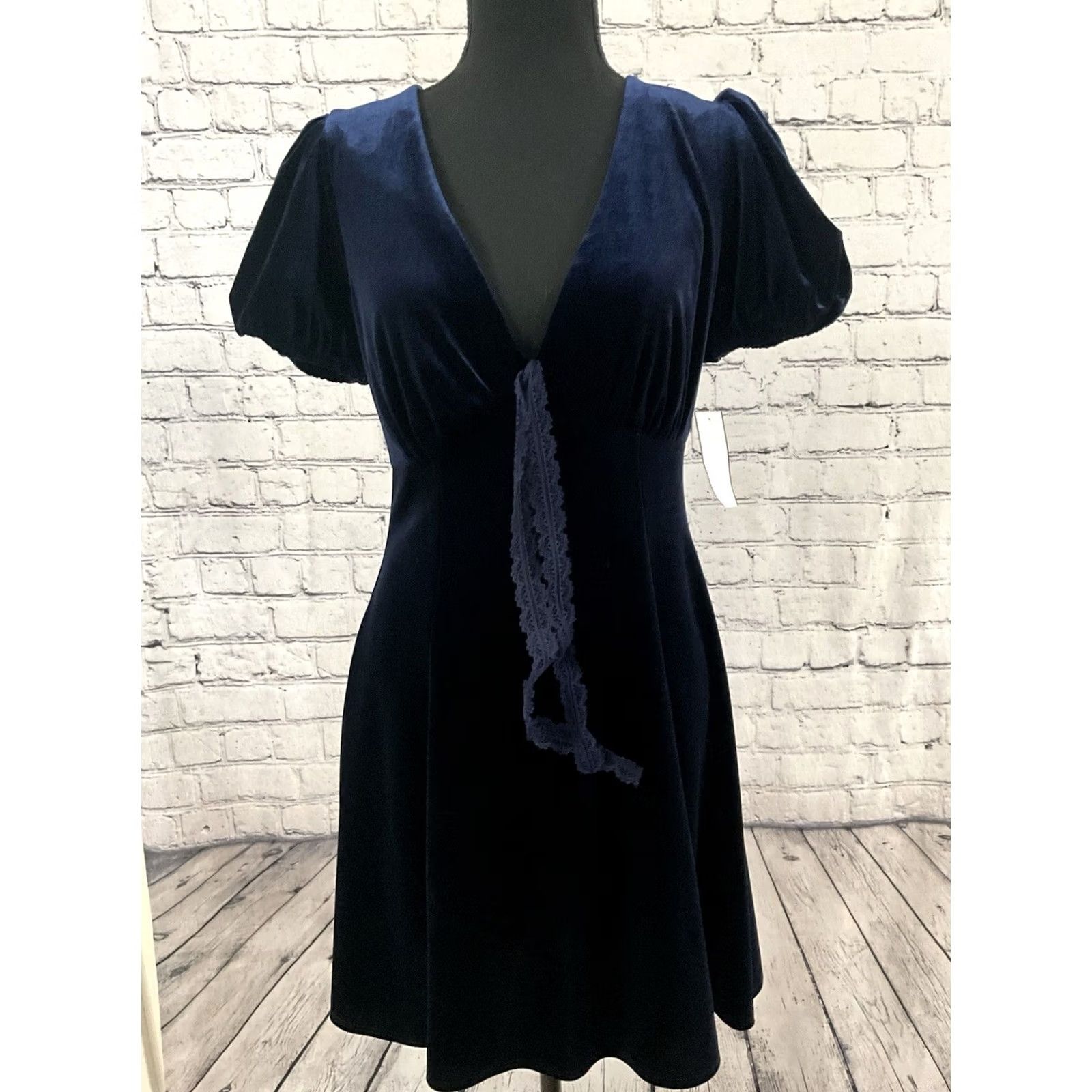 Vintage VINTAGE B. Darlin Dark Blue Dress 15/16 Knee Length Women Short Sleeve V-Neck Fit & Flare Girls? Size XL / US 12-14 / IT 48-50 - 4 Thumbnail