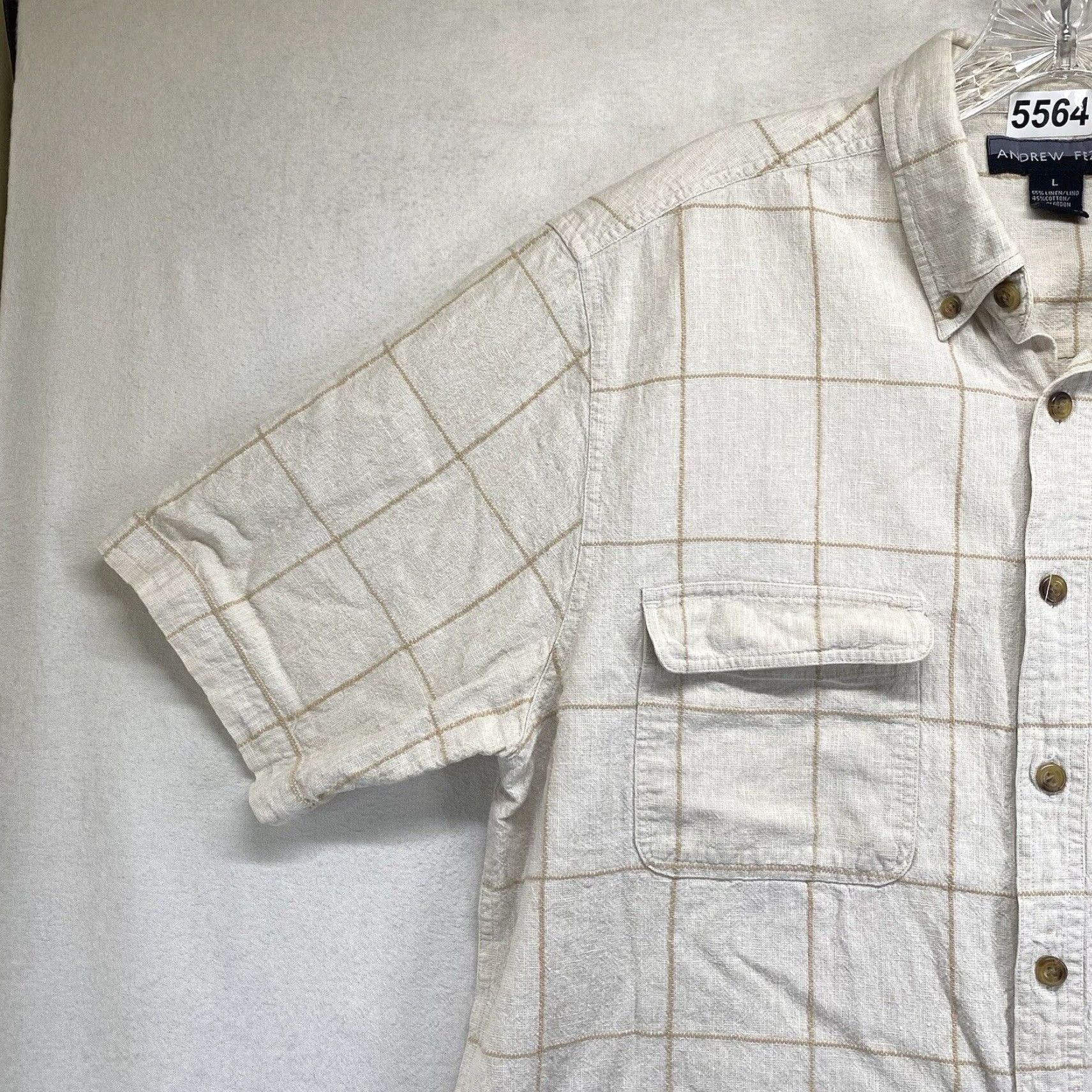 Vintage VINTAGE Andrew Fezza Men's Short Sleeve Button-Down Shirt Woven Linen Blend Checkered Summer Vacation L Beige Size US L / EU 52-54 / 3 - 5 Thumbnail