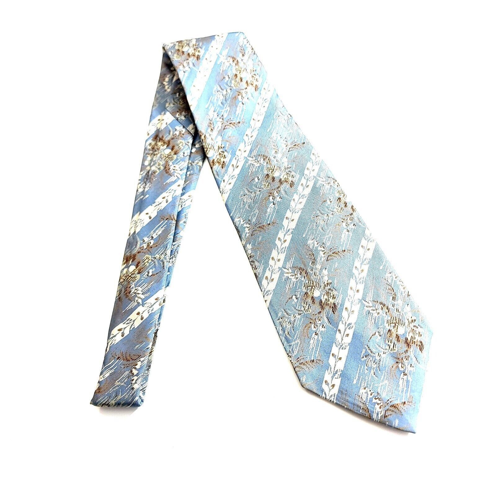 Designer Courchevel Blue Tan Floral Striped Print Wide Silk Tie Size ONE SIZE - 6 Thumbnail