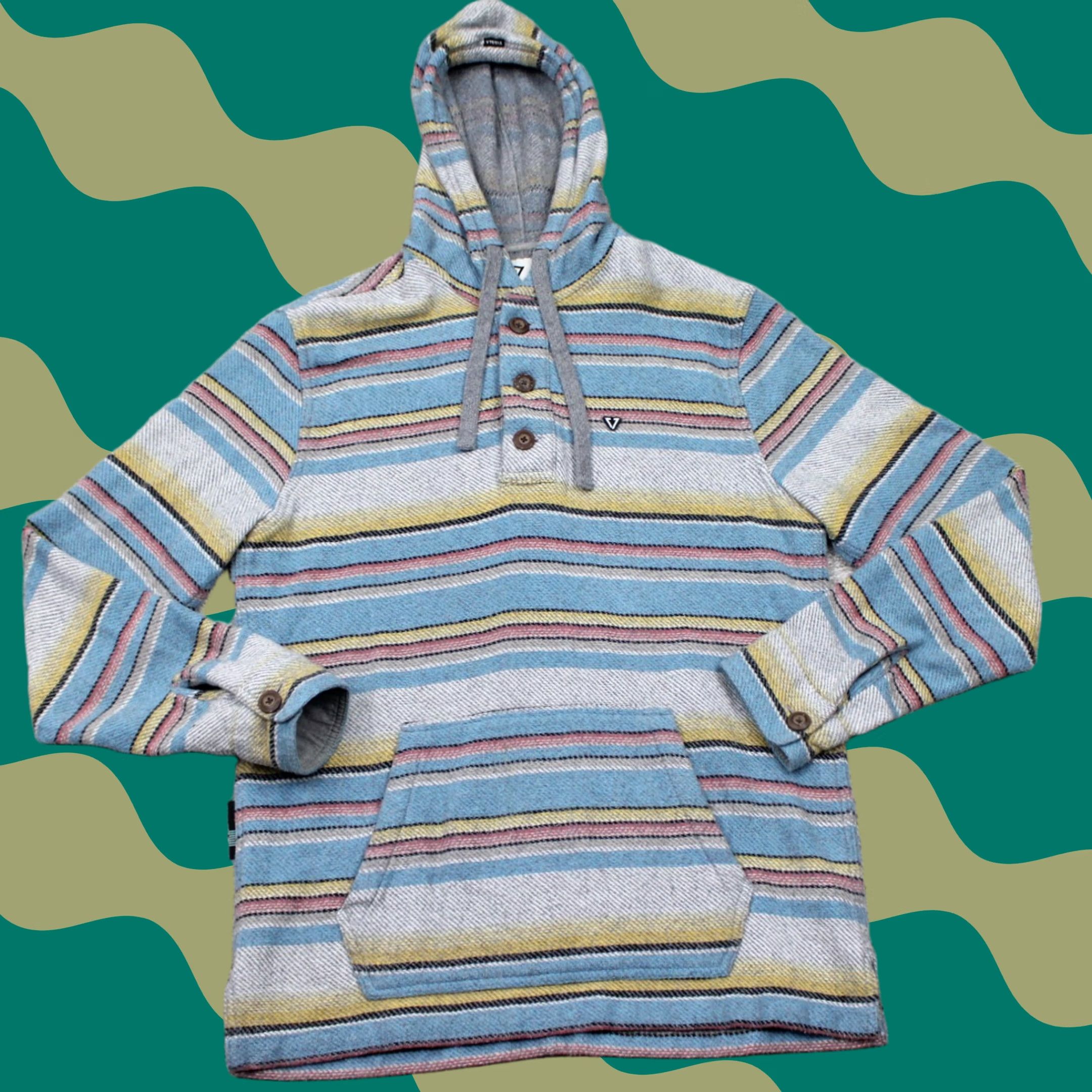 Vissla Vissla Hoodie Mens Medium Gray/Blue/Yellow Henley Hooded Sweatshirt L/S Knit Cotton Pockets Logo Striped Beach Outdoor 90s? Size US M / EU 48-50 / 2 - 1 Thumbnail