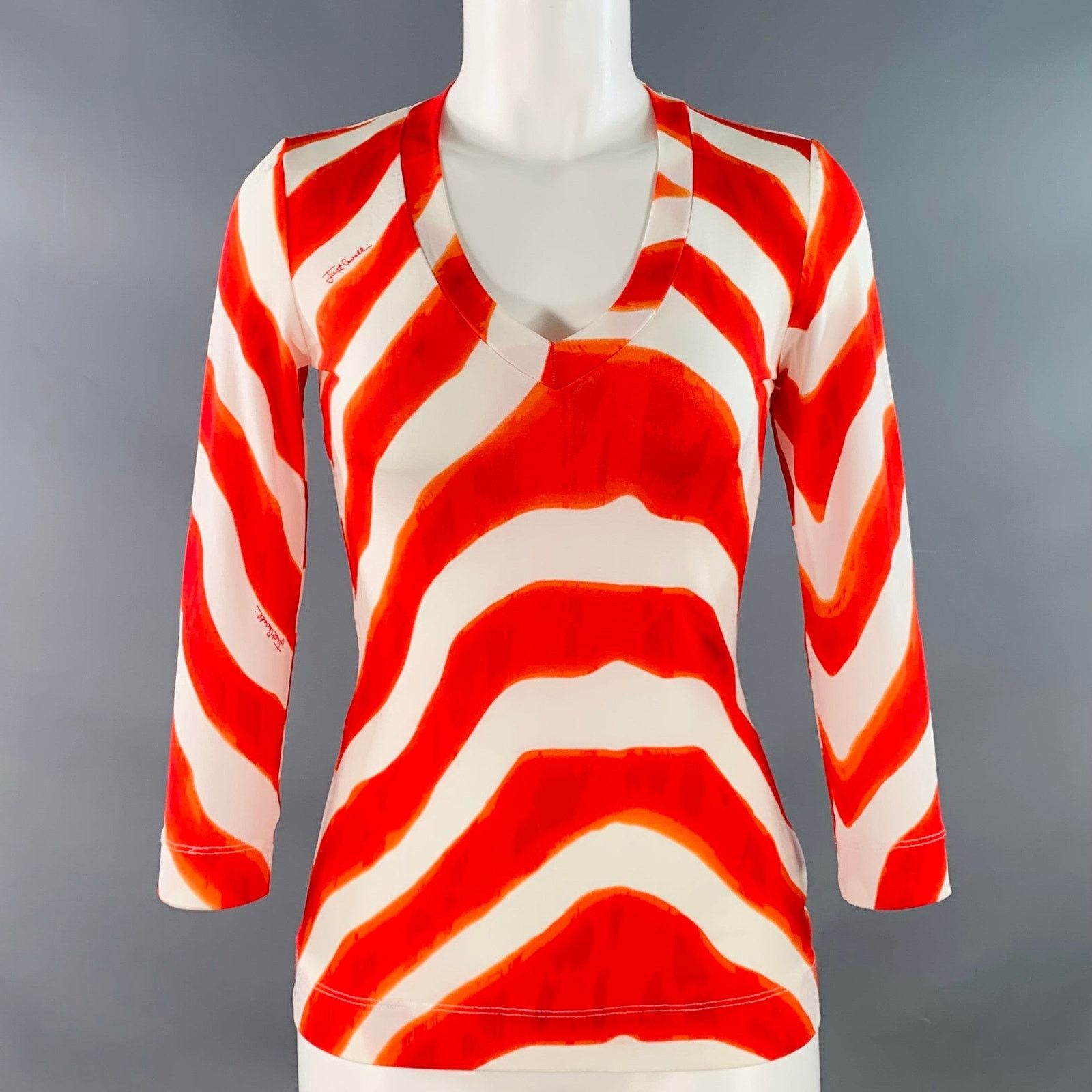 Just Cavalli Red White Viscose Blend Jersey Zig Zag 3/4 Sleeves V-Neck Size XS / US 0-2 / IT 36-38 - 1 Thumbnail