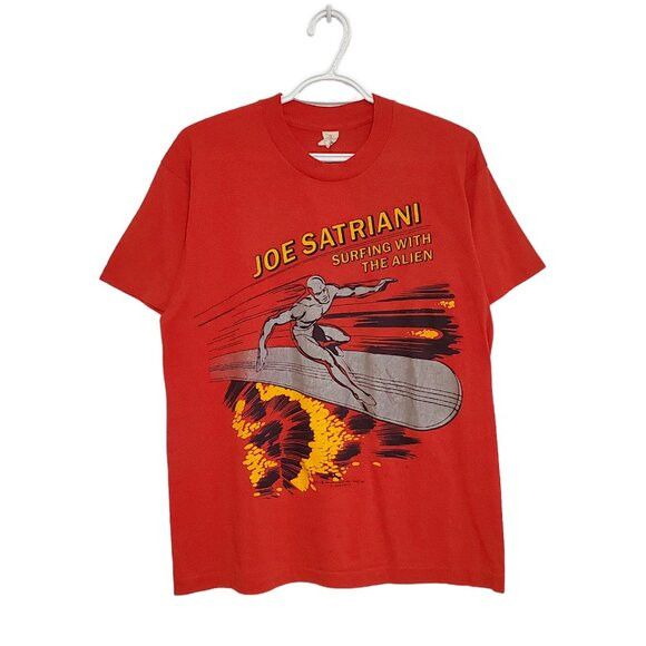 image of Band Tees x Marvel Comics Vintage 1988 Joe Satriani Marvel Surfing With The Alien in Red (Size Larg