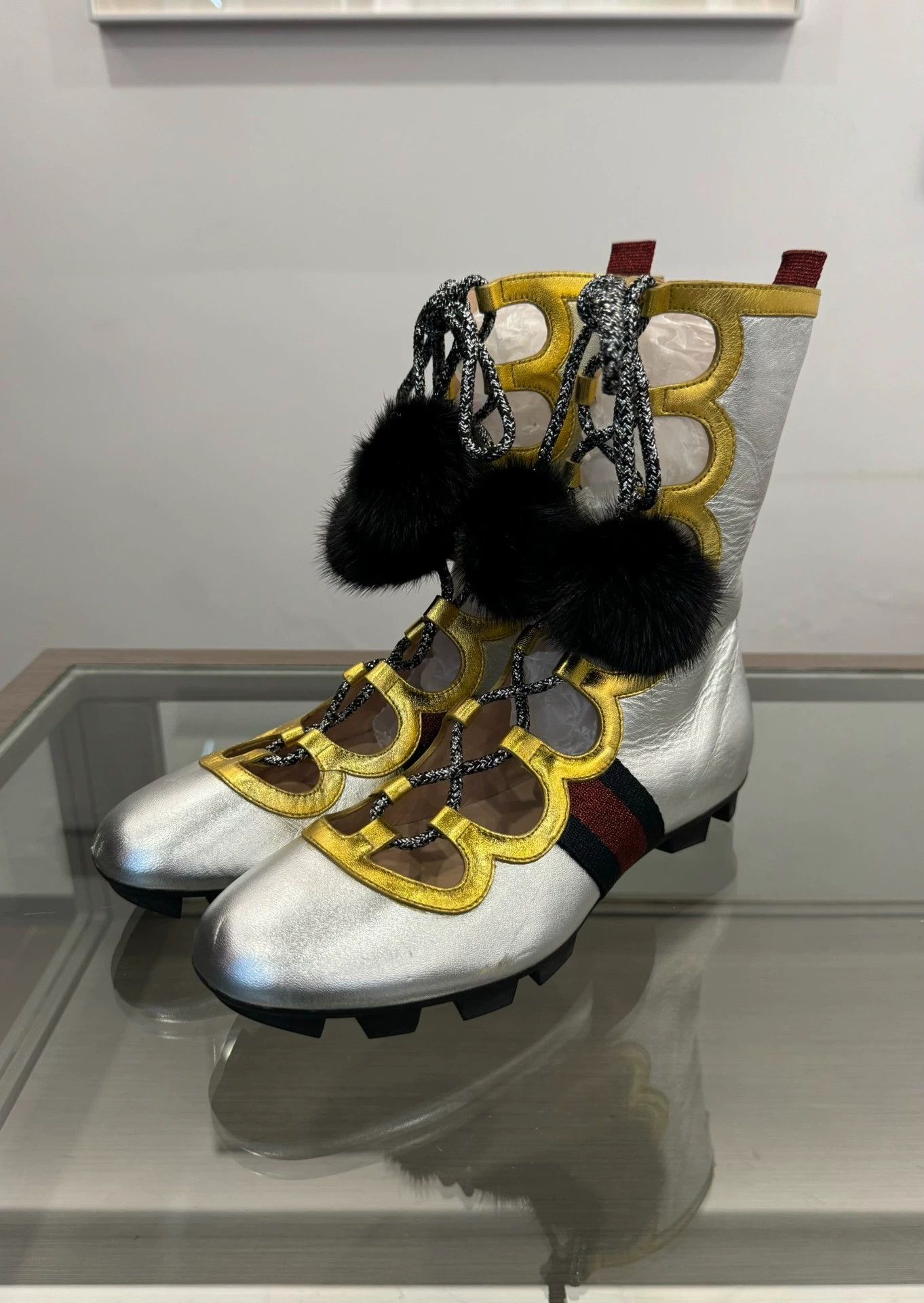 Gucci Gucci black pom-pom openwork lace-up high-top boots, Size US 6.5 / IT 36.5 - 4 Thumbnail