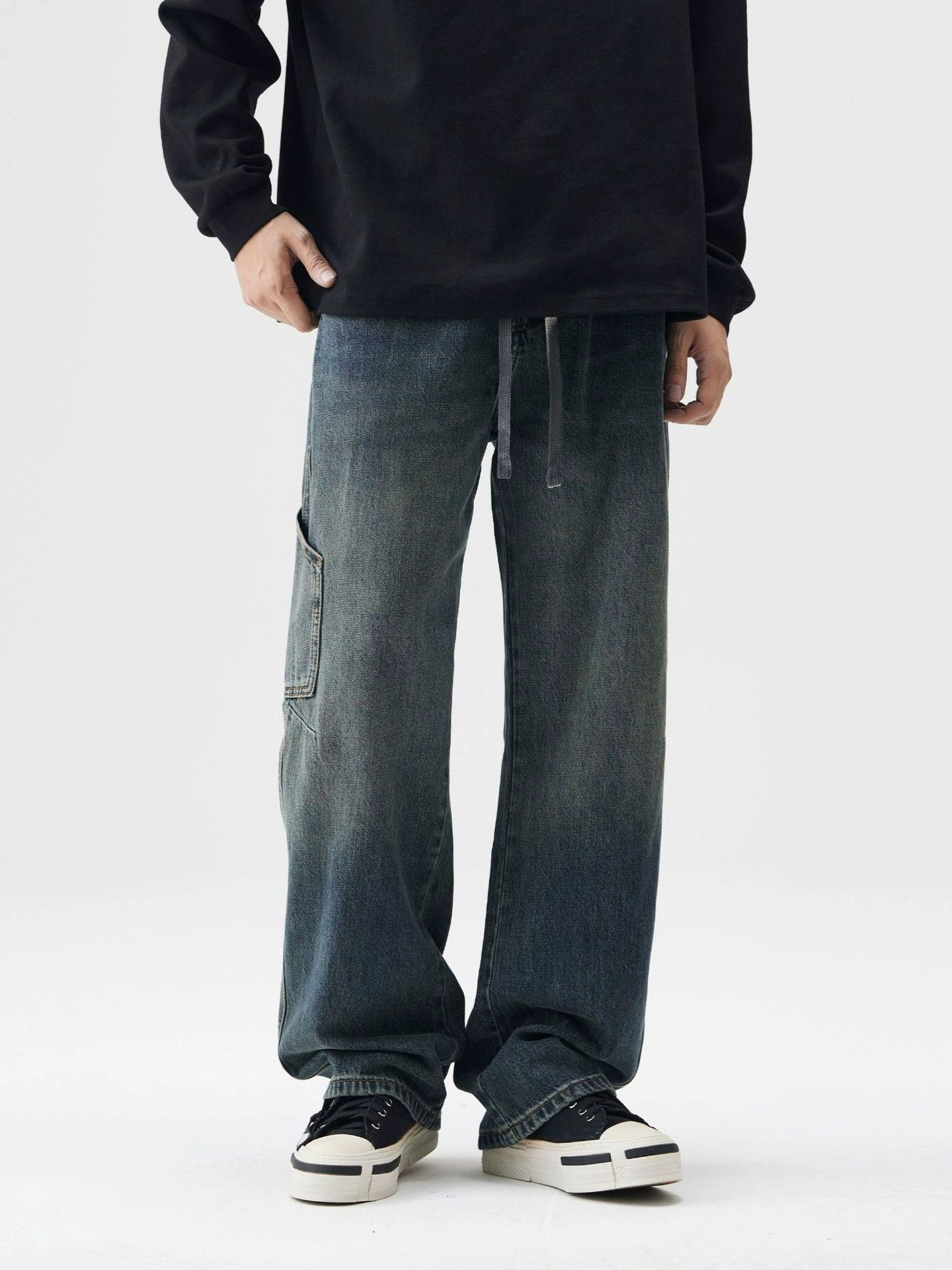 Jean Japanese trendy workwear straight wide-leg drawstring jeans Size US 32 / EU 48 - 1 Thumbnail