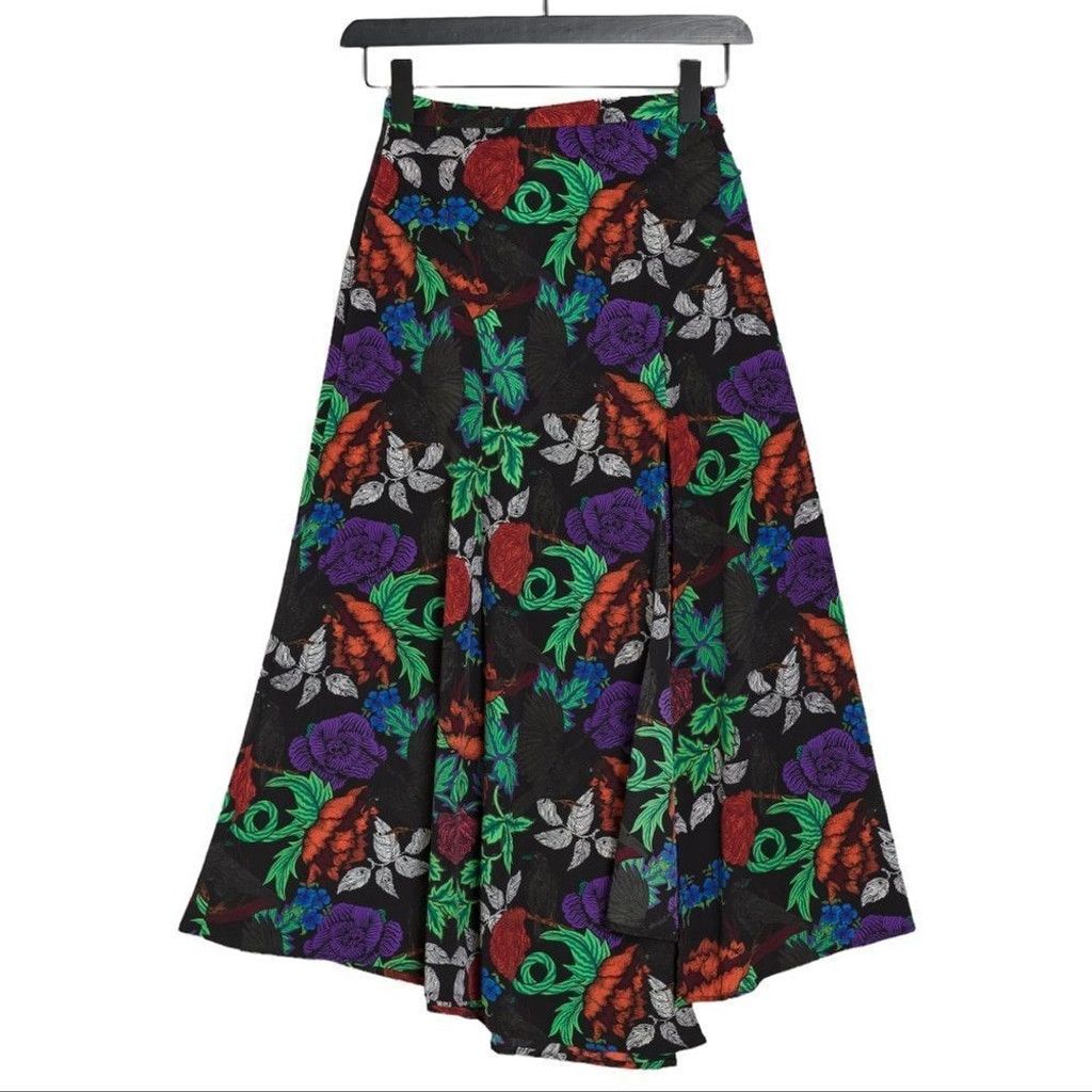 Topshop TOPSHOP Black Floral Crows Print Full Skirt w/ Slit Size 6 Size 28" / US 6 / IT 42 - 3 Thumbnail