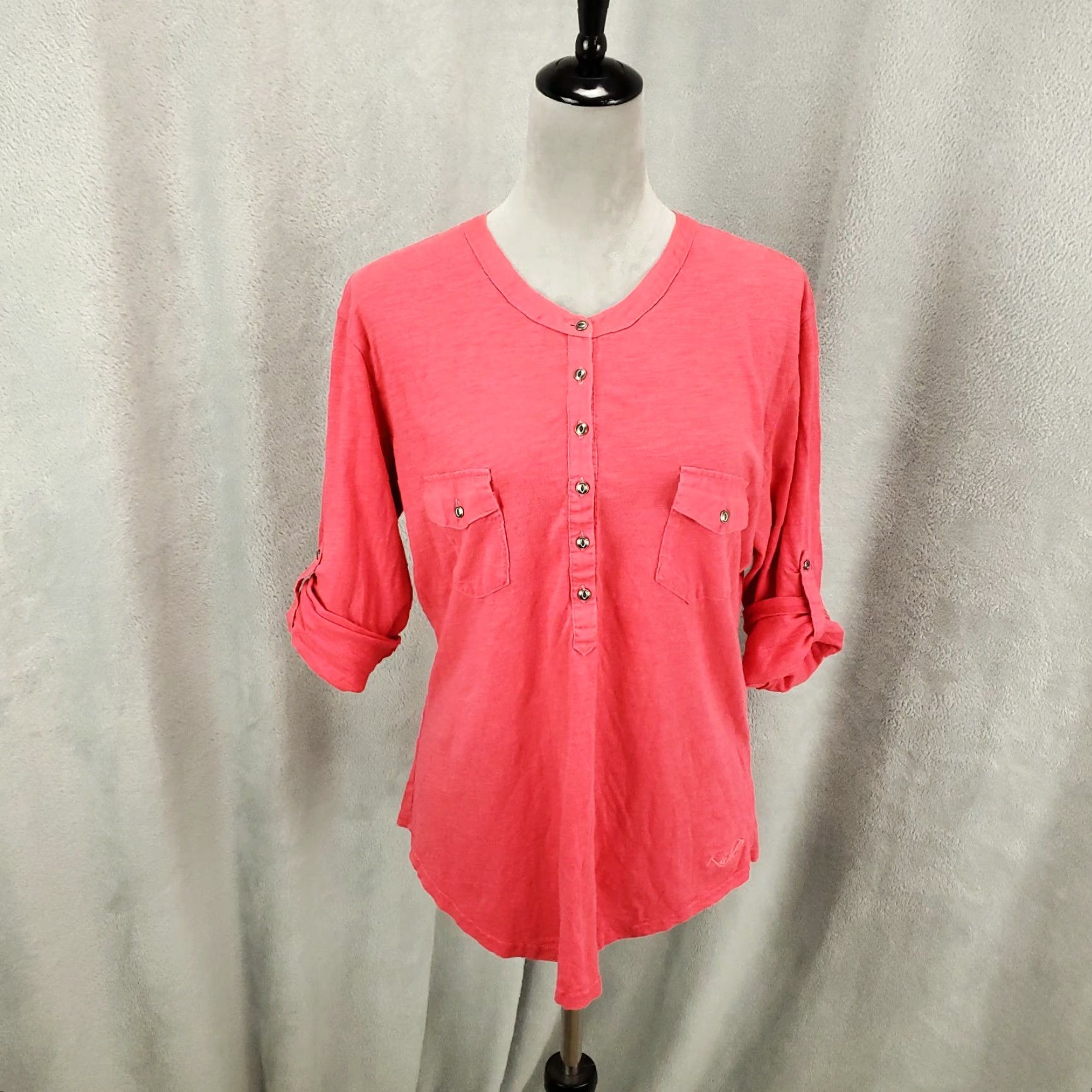 Pinko Kuhl Blouse Shirt Womens XL Pink Button Lightweight Knit Short Sleeve Henley Casual Size XL / US 12-14 / IT 48-50 - 2 Thumbnail