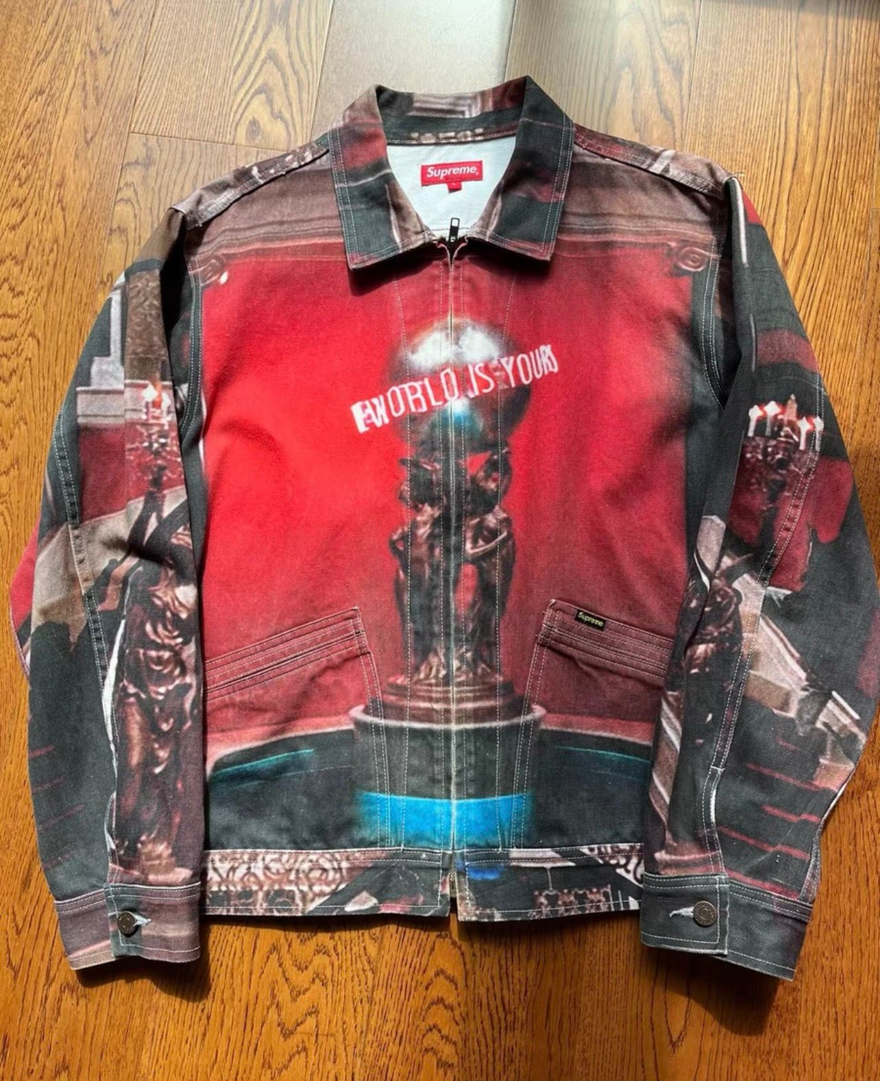 Pre-owned Supreme Scarface The World Is Yours Denim Trucker Jacket In Red