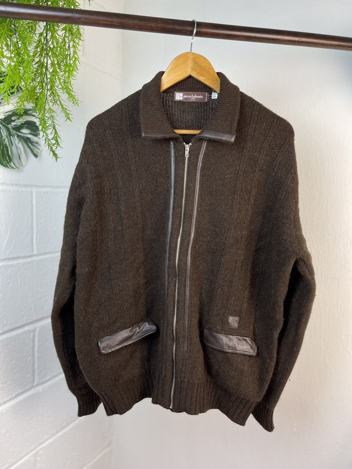 ジャケット・アウター 90's PIERRE BALMAIN wool jacket L 90s Pierre Balmain Zip Wool Jacket With linen Leather