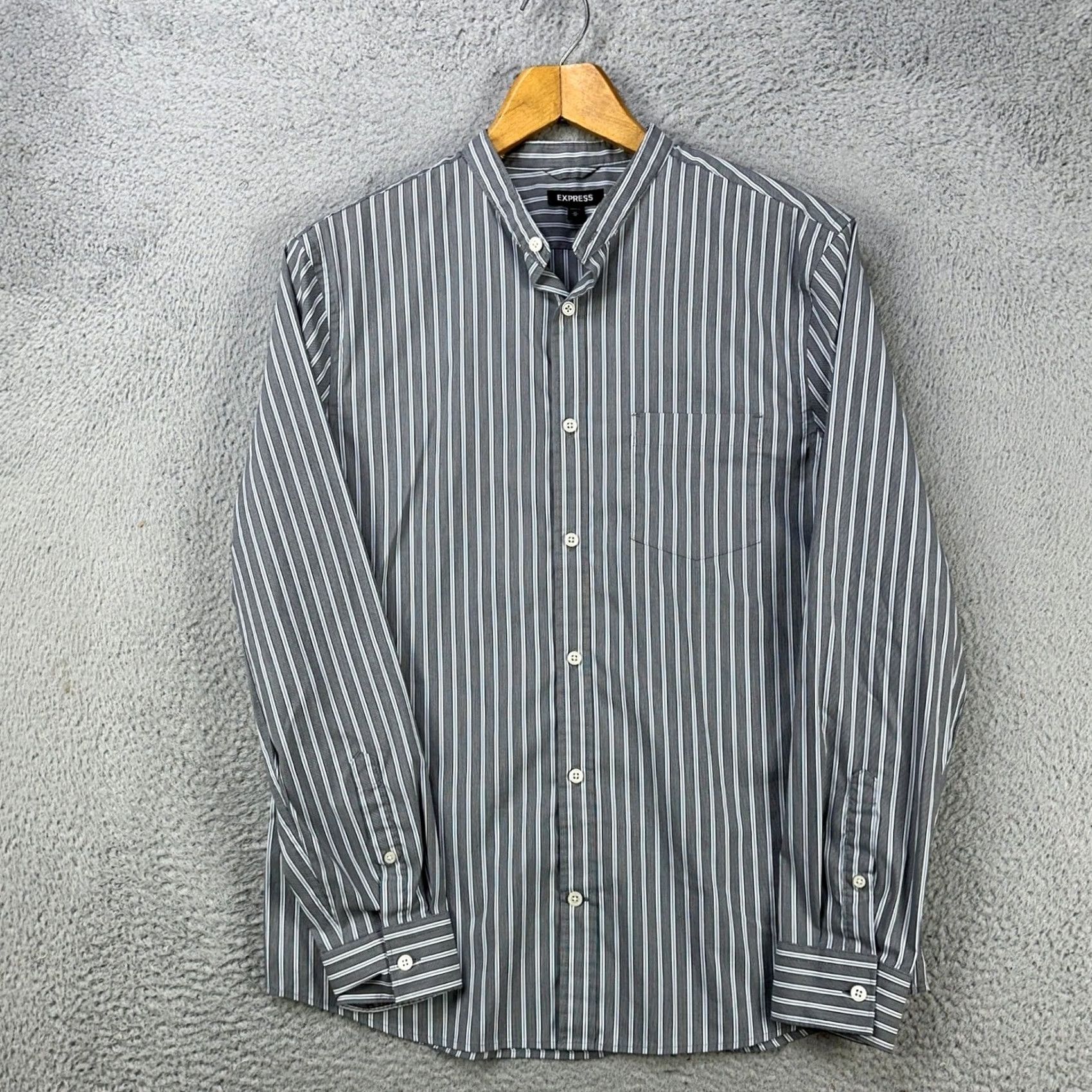 Express Express Shirt Button Down Men Medium Gray Blue Stripe Long Sleeve Stretch Casual Size US M / EU 48-50 / 2 - 2 Thumbnail