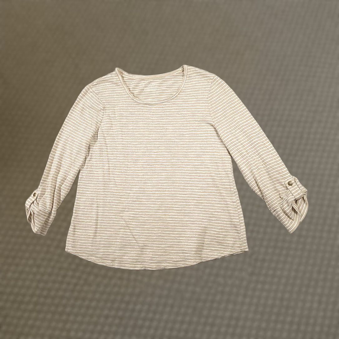 Vintage Chico's Ultimate Tee Shirt Womens M Beige White Stripe Metallic Tab Sleeve Shirt Size M / US 6-8 / IT 42-44 - 1 Thumbnail