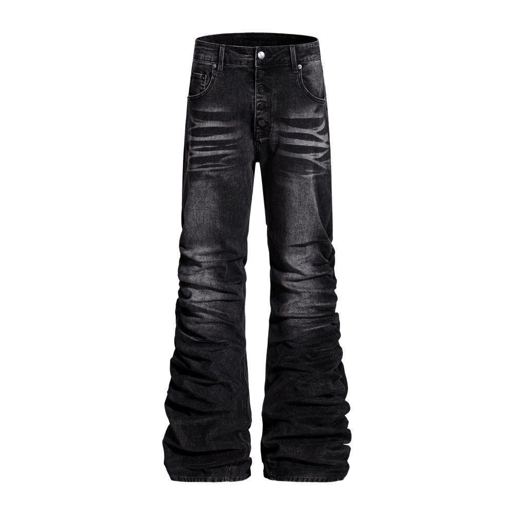 Men's loose trendy washed distressed heavy pleated jeans