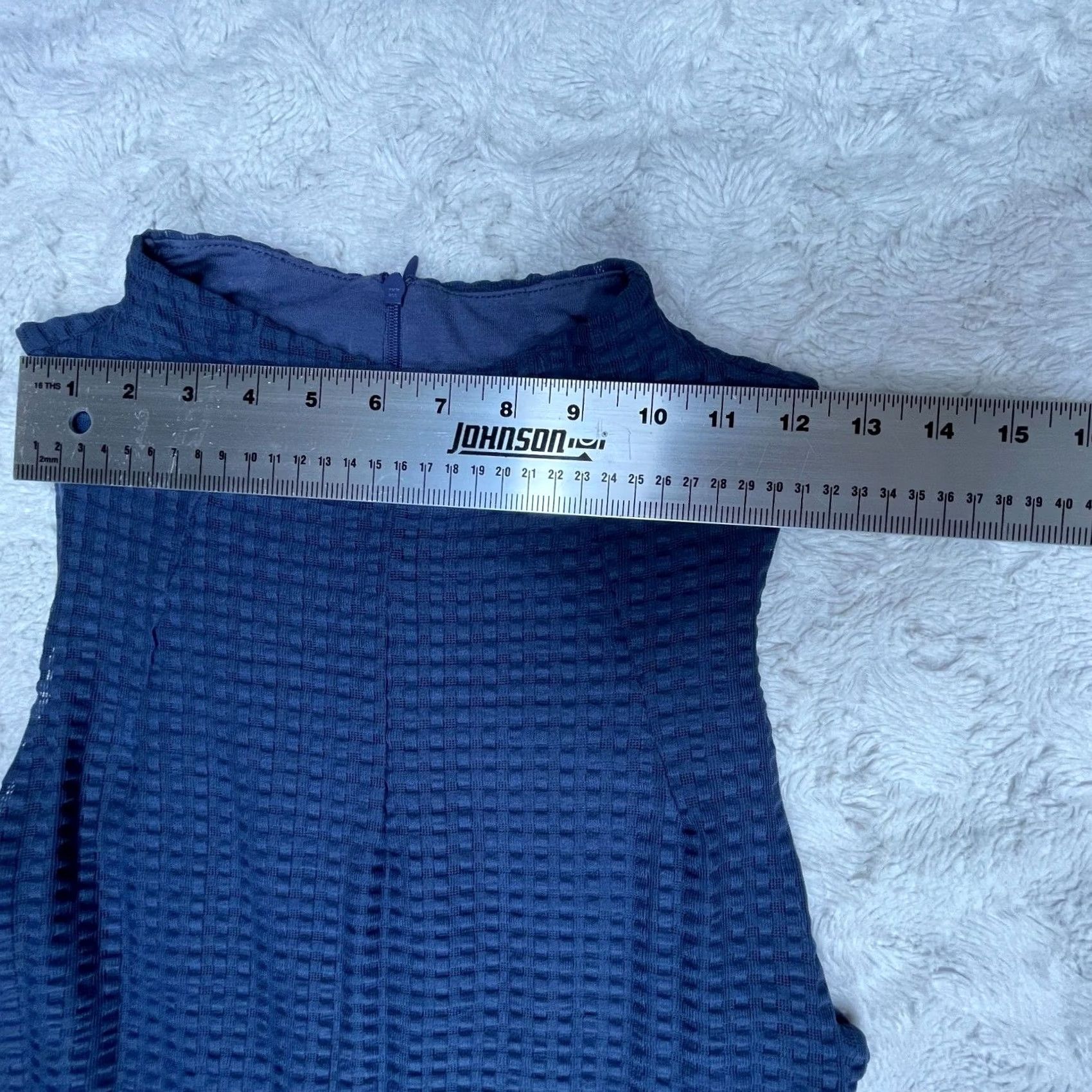 Anthropologie Deletta Dress Cosgrove Blue Fit & Flare Sleeveless High Neck Large Womens Knee Length Dress Textured Nylon Spandex Lined Size L / US 10 / IT 46 - 7 Thumbnail