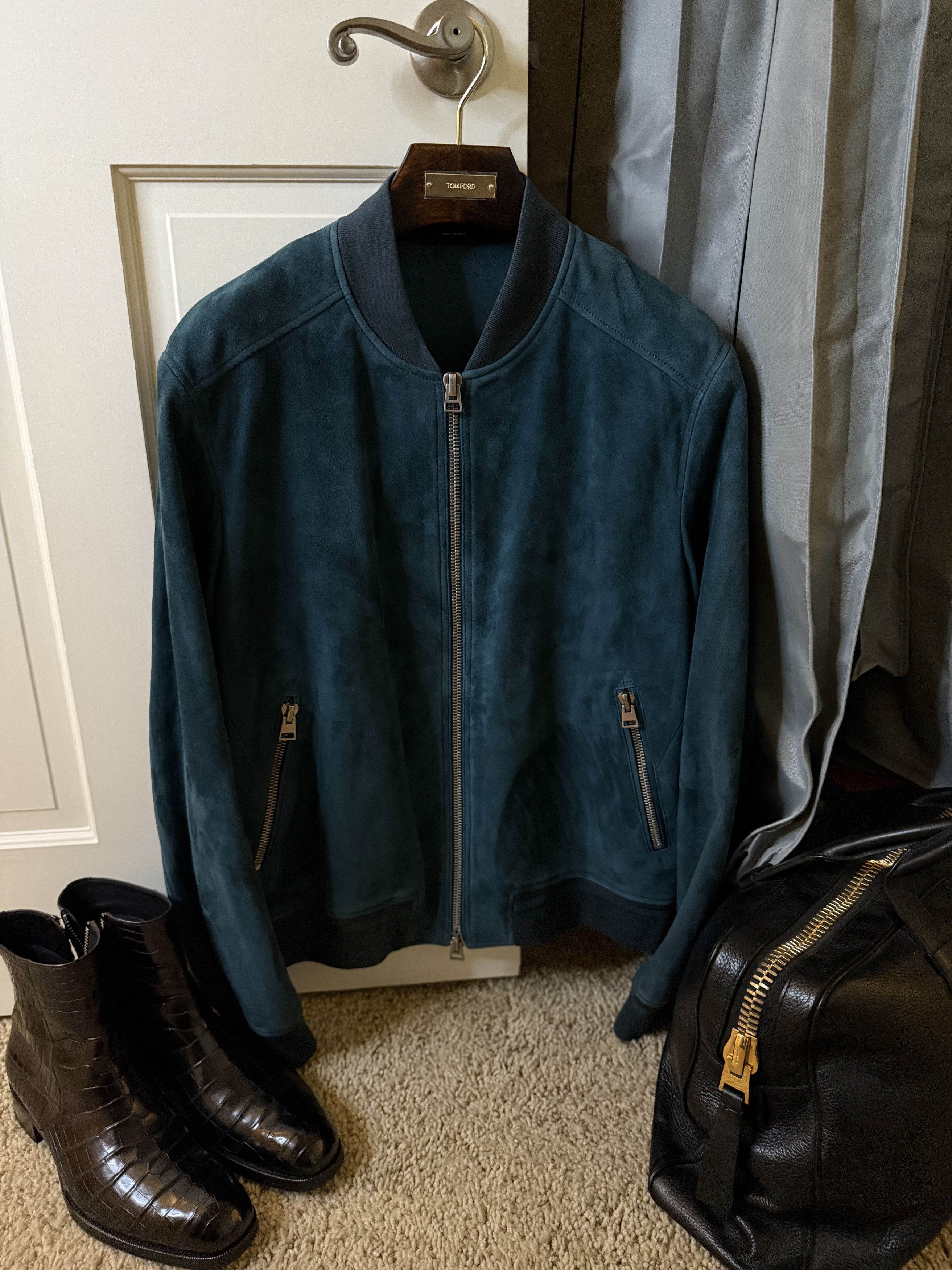 Tom Ford Coveted Rare $7,600 w/tax Cerulean Suede Bomber Jacket Size US XL / EU 56 / 4 - 2 Thumbnail