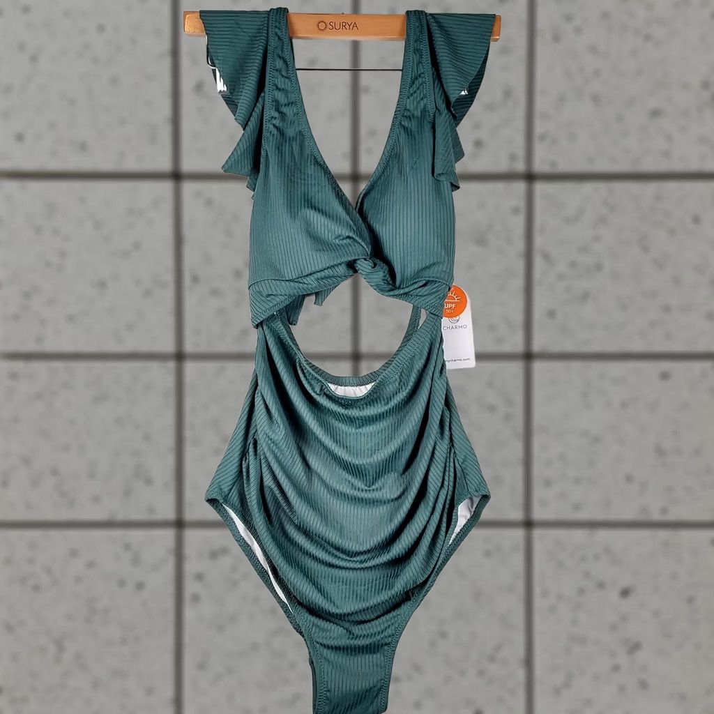 Vintage Charmo Green One Piece Swimsuit Ribbed Cutout Ruffle Shoulder UPF 50+ NWT Size S Women Beach Size ONE SIZE - 1 Thumbnail