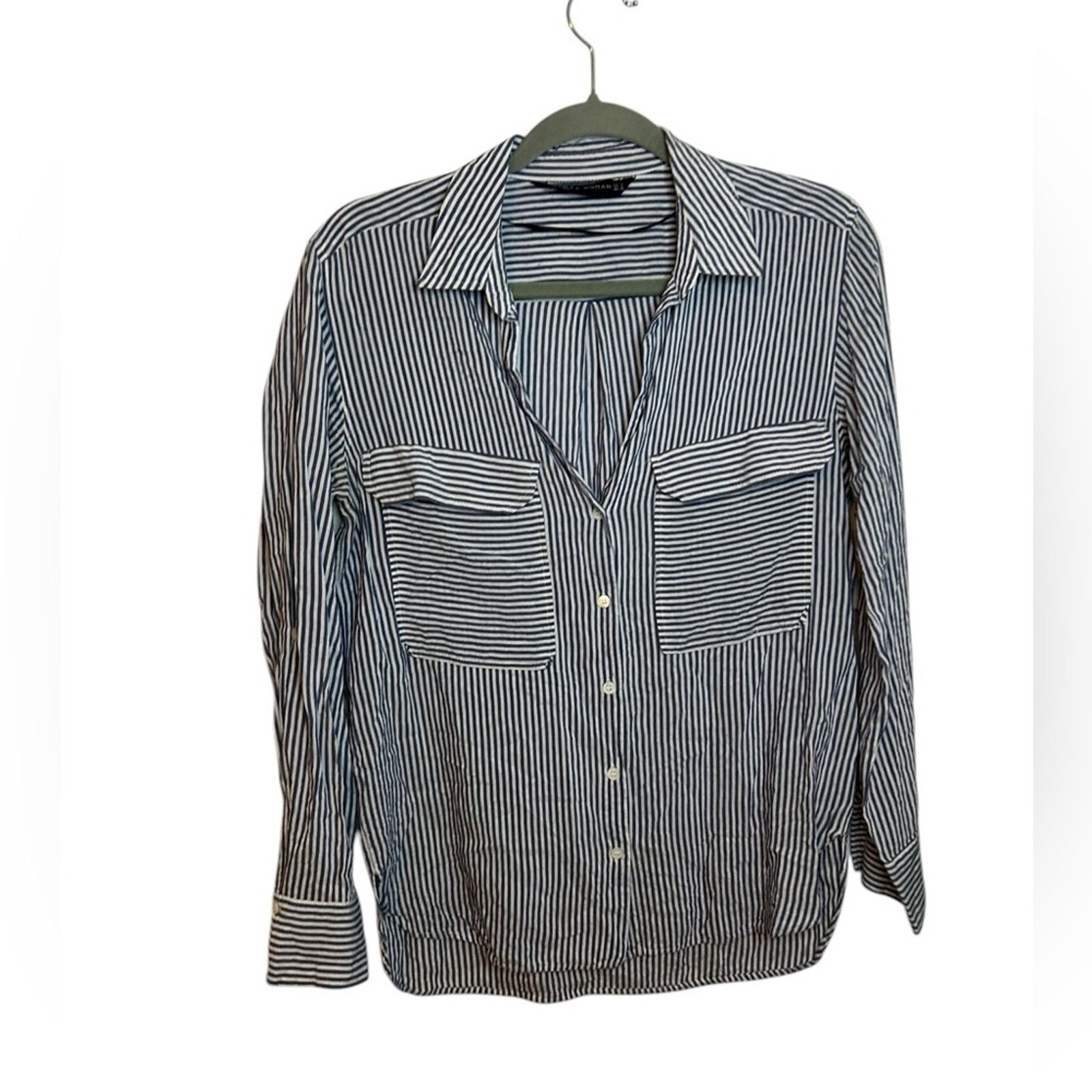 Zara Zara Blue Striped Pocket Boyfriend Shirt Size M / US 6-8 / IT 42-44 - 1 Thumbnail
