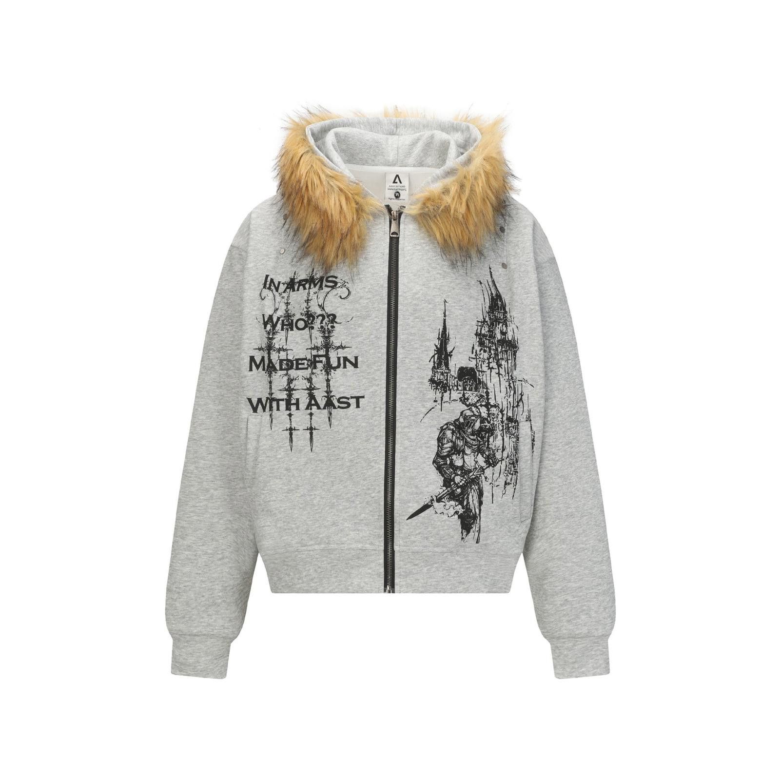 Japanese Brand Graphic Zip-Up Hoodie with Faux Fur Hood Size US M / EU 48-50 / 2 - 1 Thumbnail