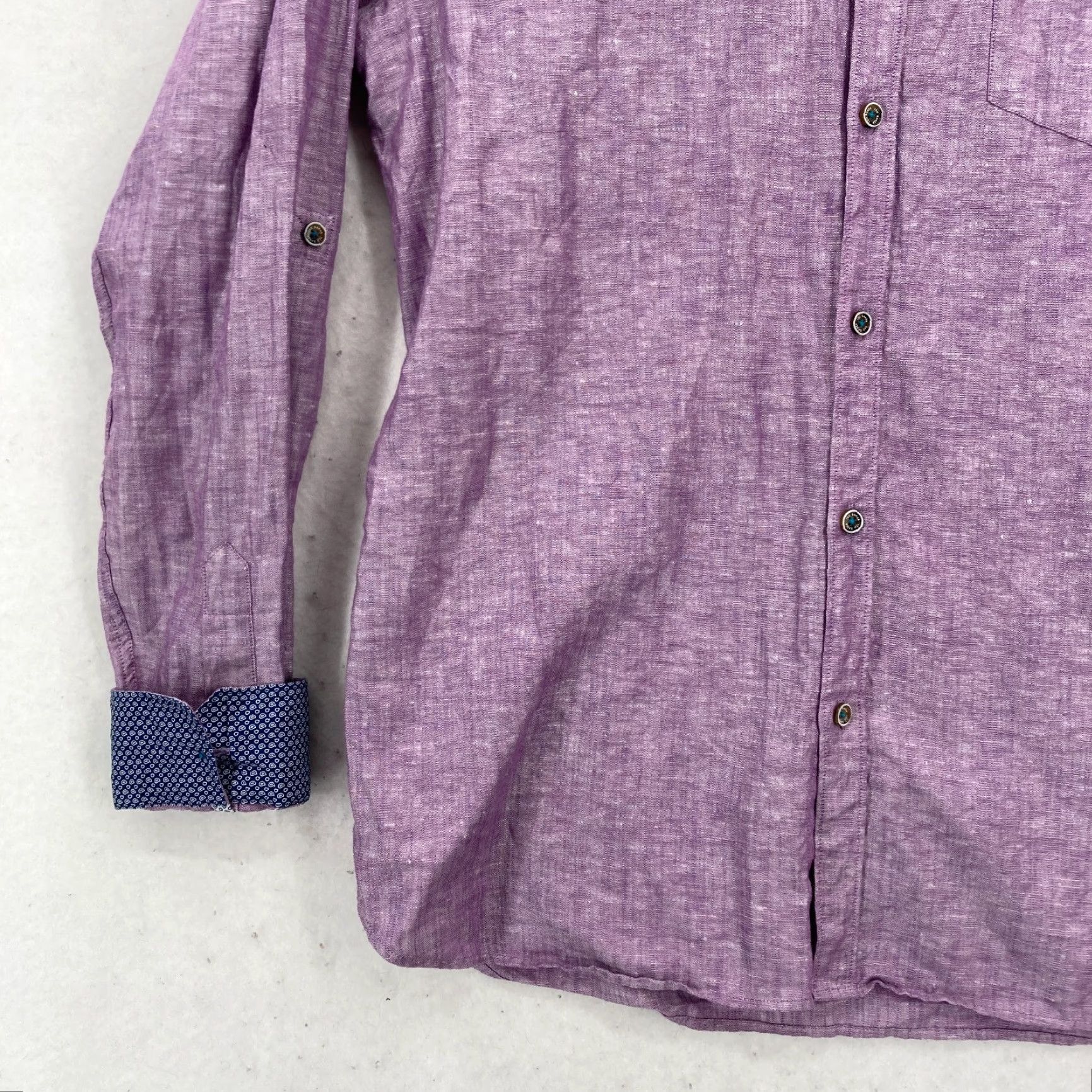 Ted Baker Ted Baker London Button Front Shirt Mens Sz 4 Purple Linen Contrast Cuff Roll Up Shirt Size US S / EU 44-46 / 1 - 4 Thumbnail