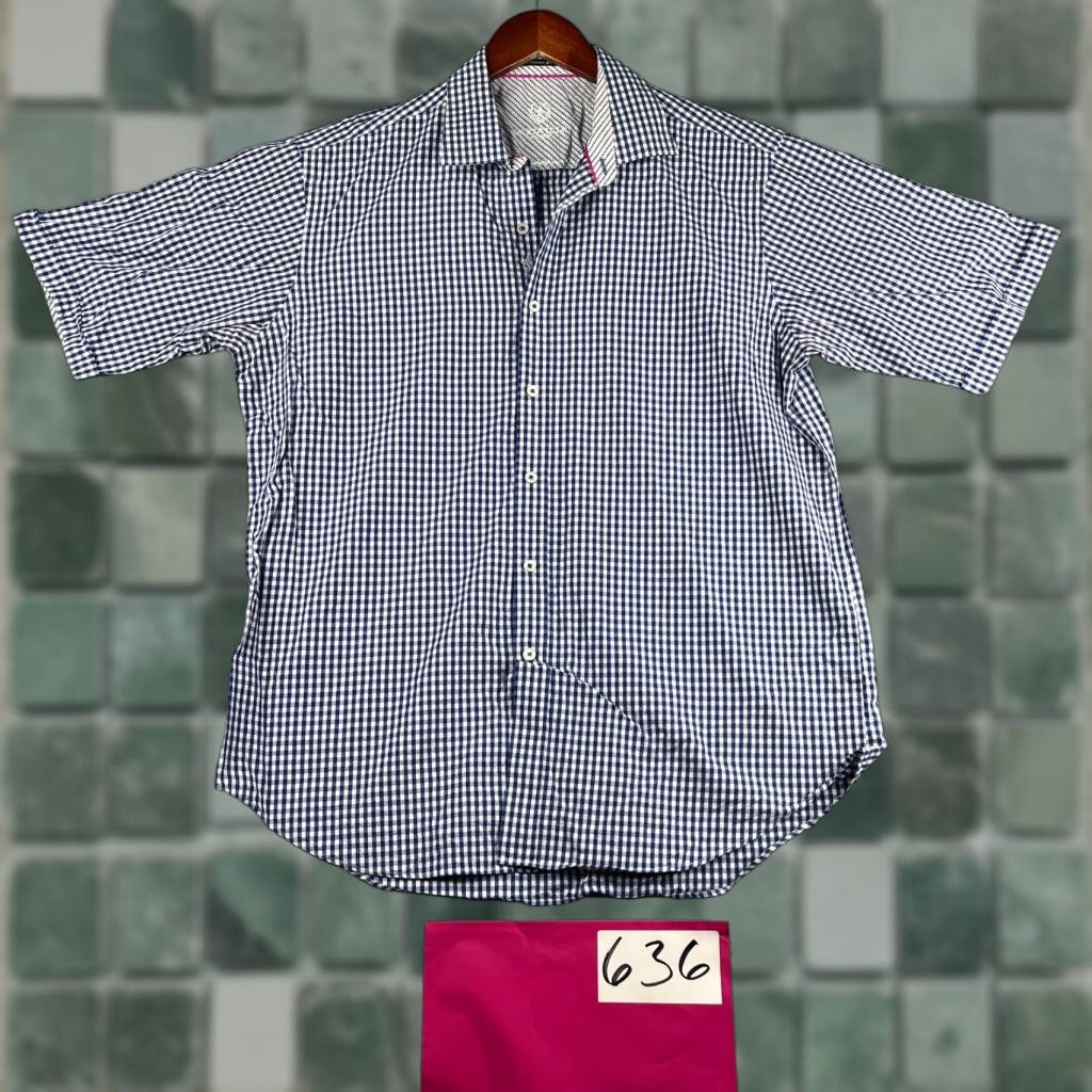BUGATCHI BUGATCHI UOMO Classic Fit Shirt Button-Up Short Sleeve Mens Navy Gingham Large Size US L / EU 52-54 / 3 - 1 Thumbnail