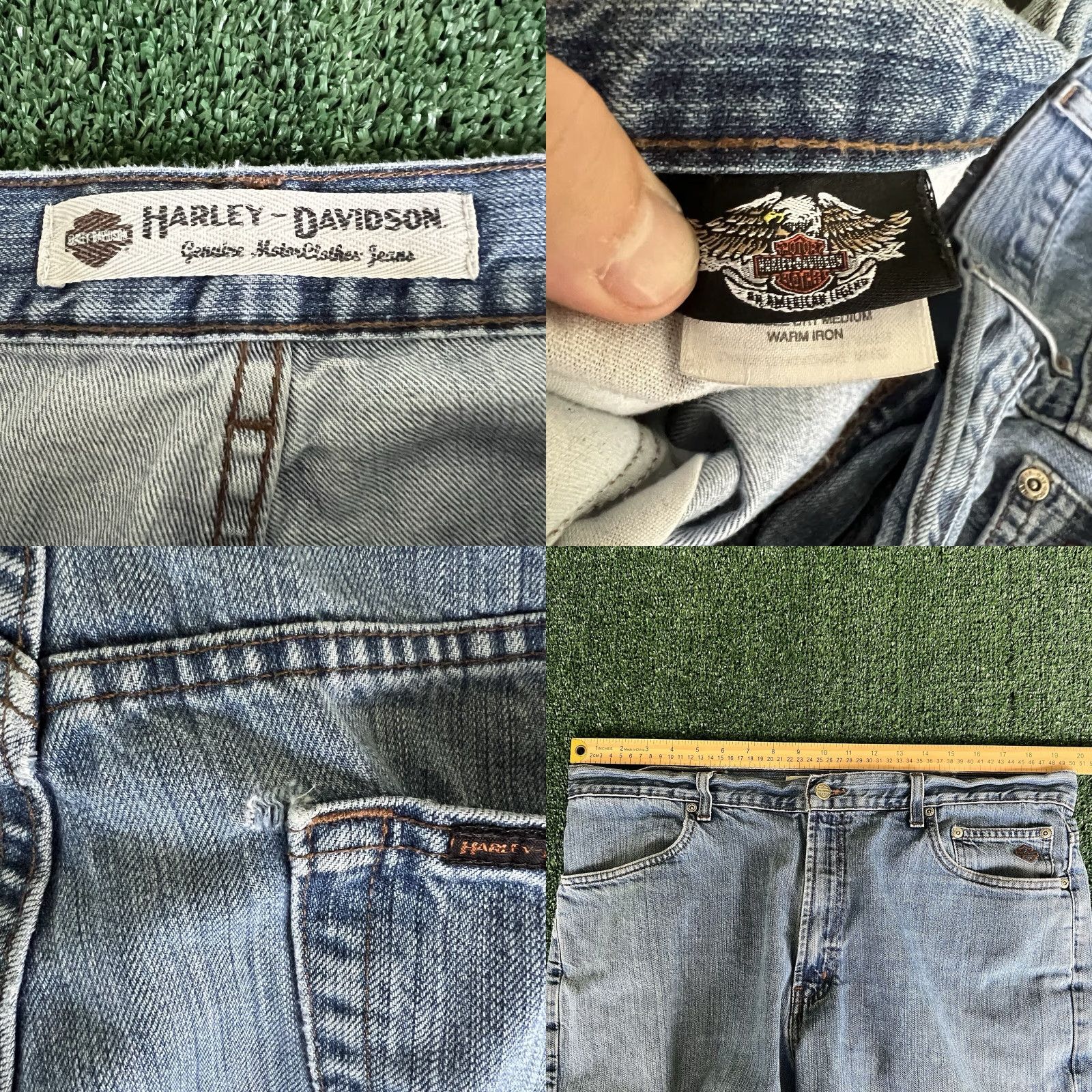 Harley Davidson VINTAGE Harley-Davidson Jeans Straight Leg Light Blue 39x31 Mens Denim Distressed 5-Pocket Biker Grunge 90s USA Men Size US 39 - 9 Thumbnail