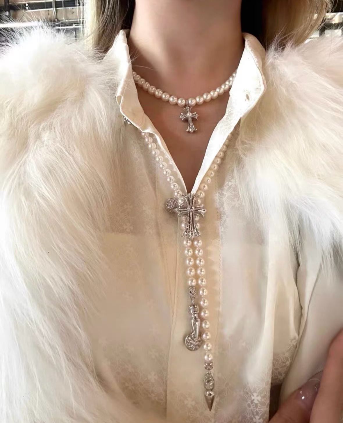 Chrome Hearts Chrome Hearts X Mikimoto White Gold Cross Pearl Necklace Size ONE SIZE - 17 Thumbnail