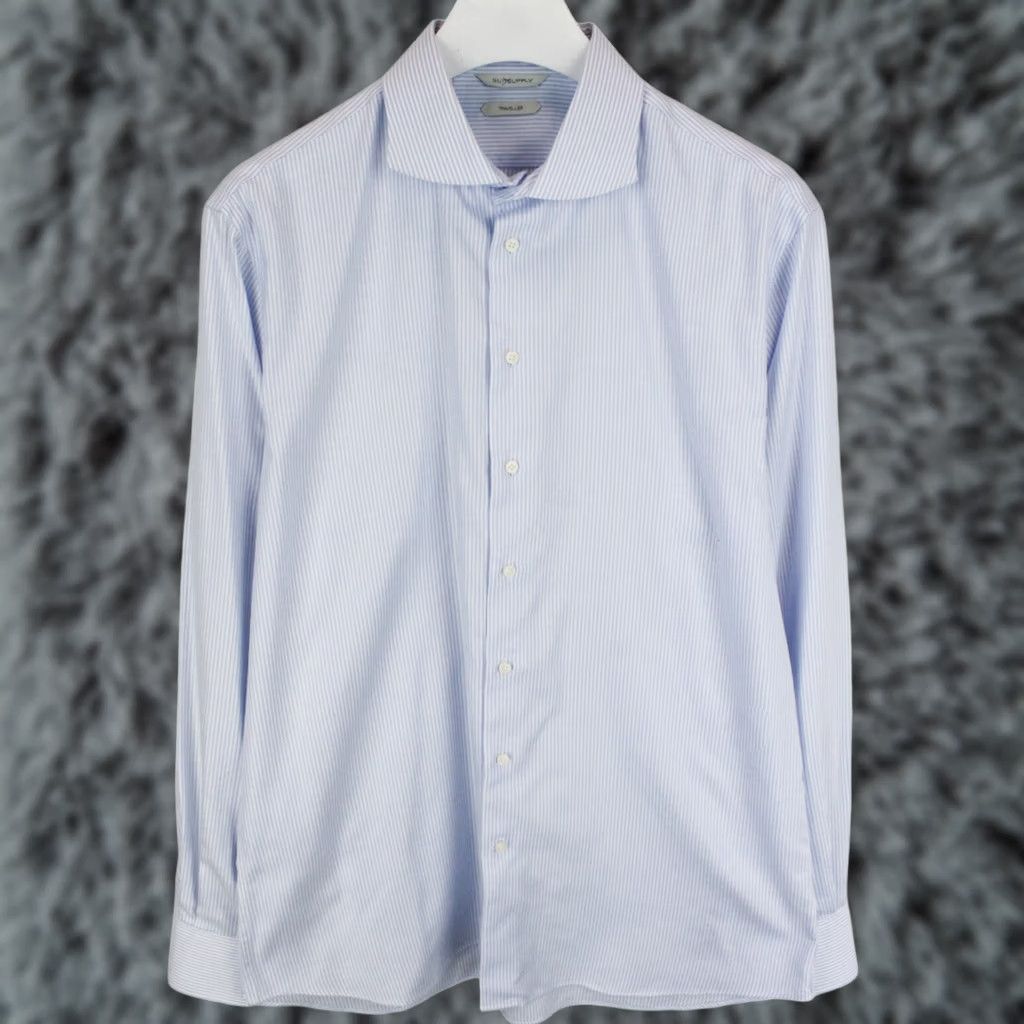 Suitsupply Suitsupply Traveller Extra Slim Fit Formal Shirt Men 45 / 17 3/4 Pinstriped Blue Dress Shirt Button-Up Long Sleeve Mens Size 48R - 1 Thumbnail