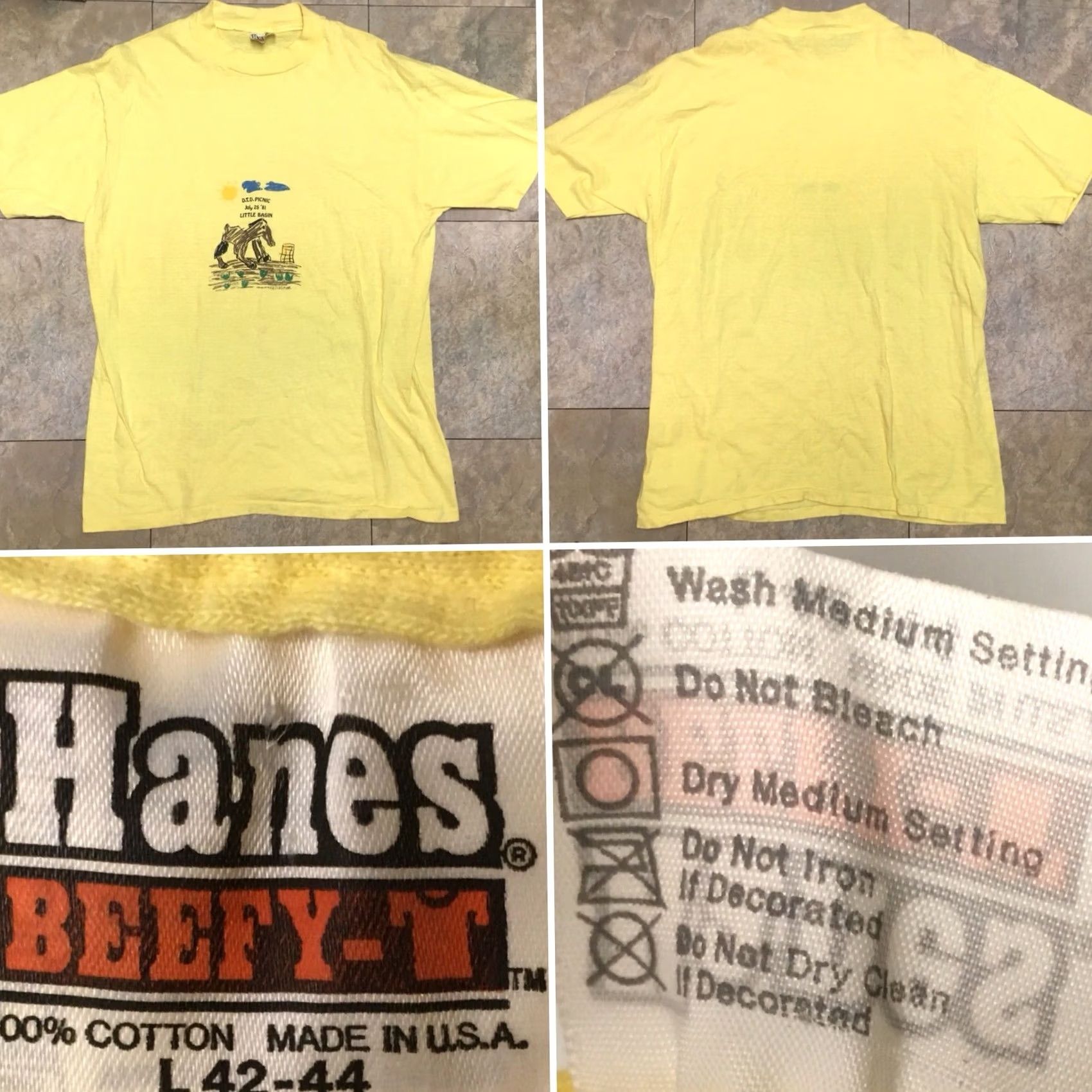 Hanes VINTAGE Hanes DTD Picnic July 25 81 Little Basin Picnic T Shirt Mens L Yellow 1980s Graphic Tee Size US L / EU 52-54 / 3 - 5 Thumbnail