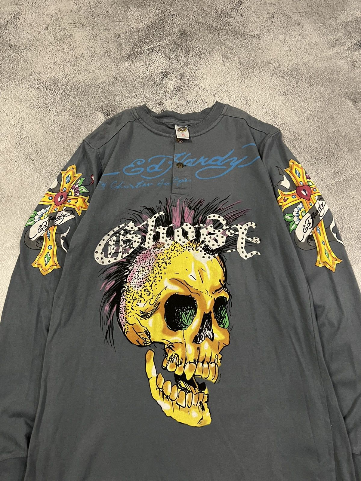 Vintage Y2k Ed Hardy Skull Cross Tattoo Rare Long Sleeve 00s