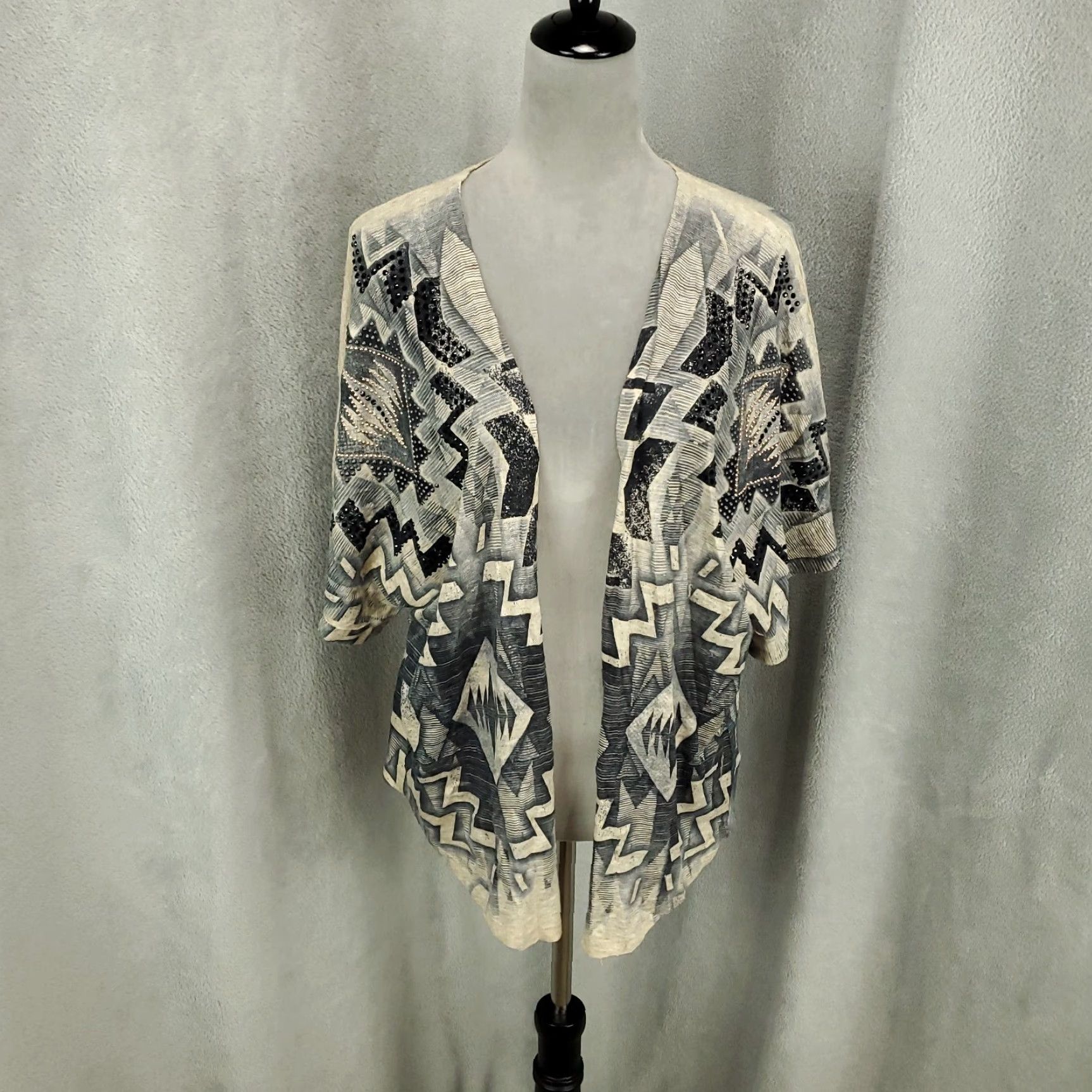 Vintage Vocal Cardigan Womens S Black White Studded Geometric Southwestern Open Front Size S / US 4 / IT 40 - 2 Thumbnail