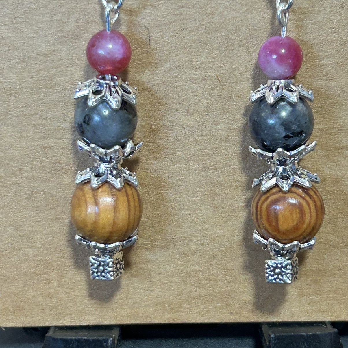 Handmade Handcrafted vintage wood bead larvikite elbaite earrings Size ONE SIZE - 3 Thumbnail