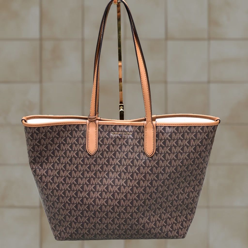 Michael Kors MICHAEL KORS Eliza Monogram Tote Bag Purse Brown East West Designer Shoulder Bag Women Large 13" W x 12" H x 5" D Canvas Leather Handle 13" (13 W) Size ONE SIZE - 1 Thumbnail