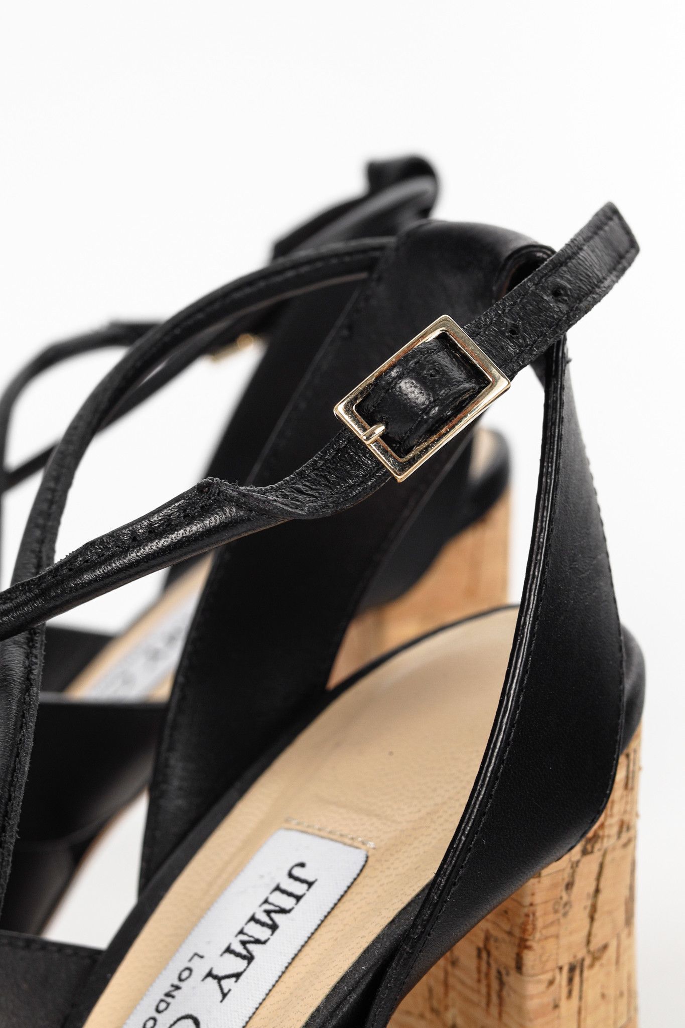 Jimmy Choo Jimmy Choo Margo Black Leather Crisscross Cork-Heel Sandals Size US 7.5 / IT 37.5 - 8 Thumbnail