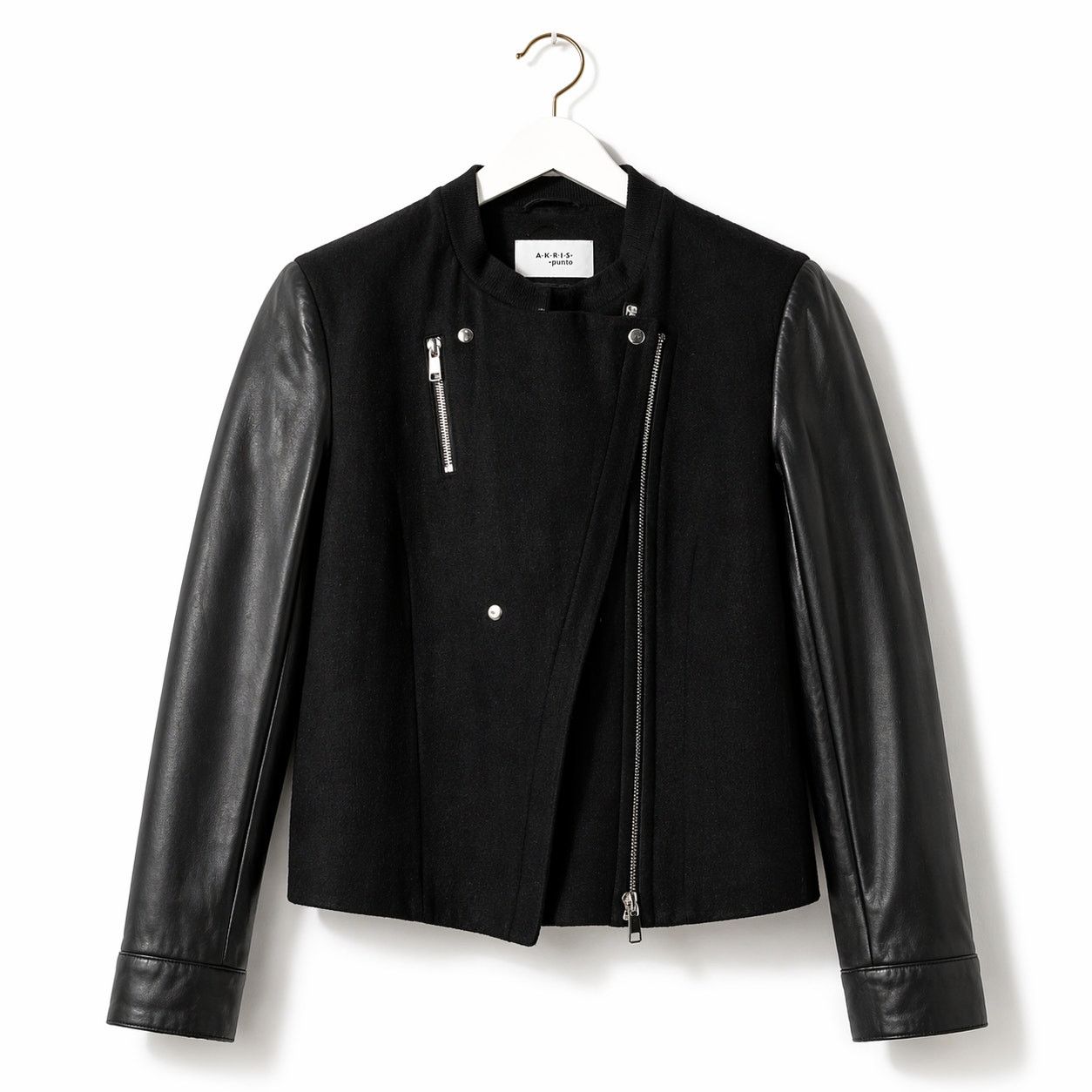 Akris Akris Punto Wool Leather Moto Jacket Black Lambskin Sleeve 6 Size M / US 6-8 / IT 42-44 - 2 Thumbnail