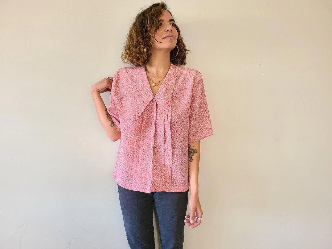 Designer Vintage 80s Pink Blouse 1980s Eighties Floral Button up Size M / US 6-8 / IT 42-44 - 1 Thumbnail