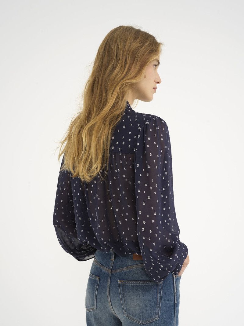 Chloe o1loc1c11125 Silk Lurex Dots Lavalliere Blouse in Navy Size S / US 4 / IT 40 - 4 Thumbnail