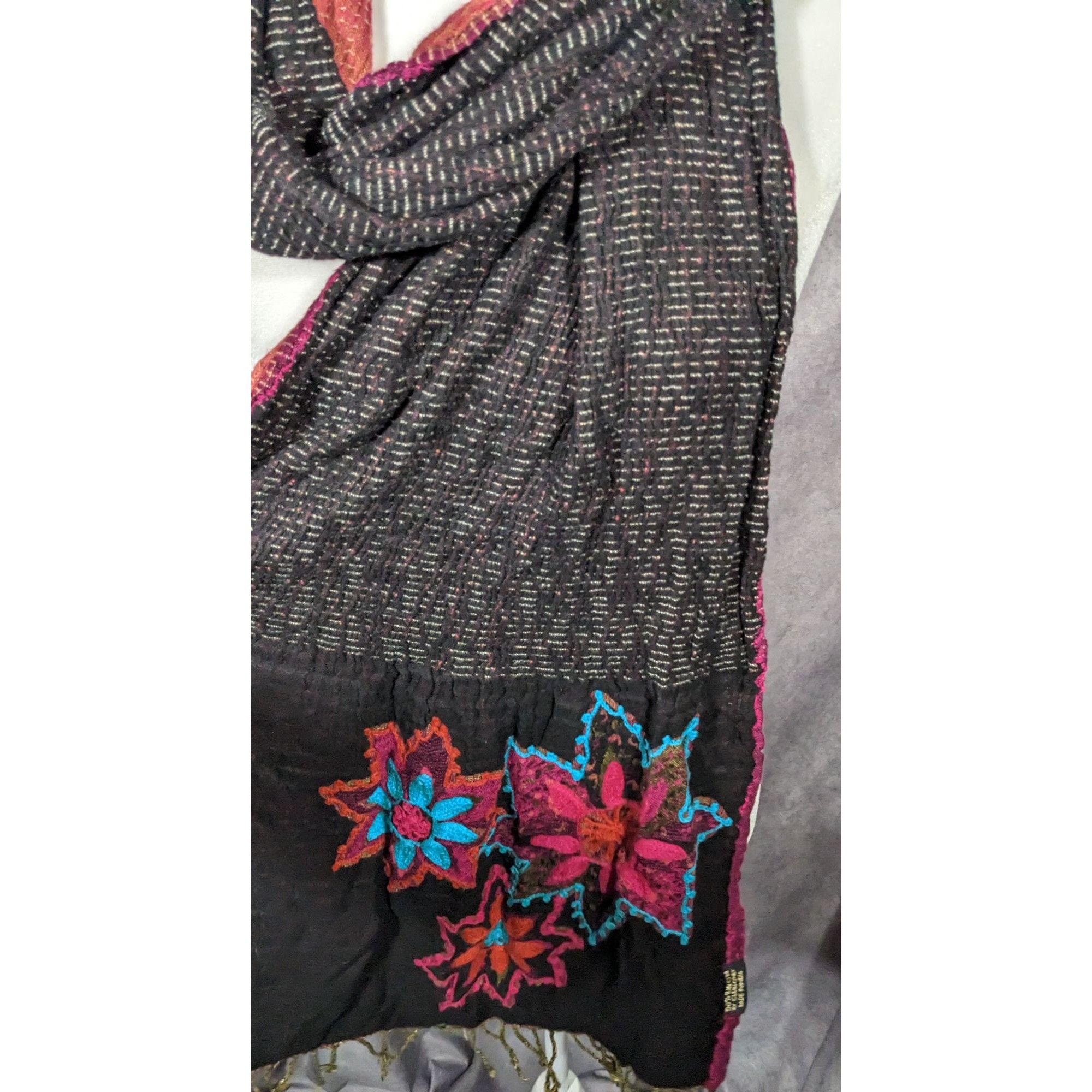 Other Vintage Bohemian Grey And Pink Floral Embroidered Scarf Size ONE SIZE - 8 Thumbnail