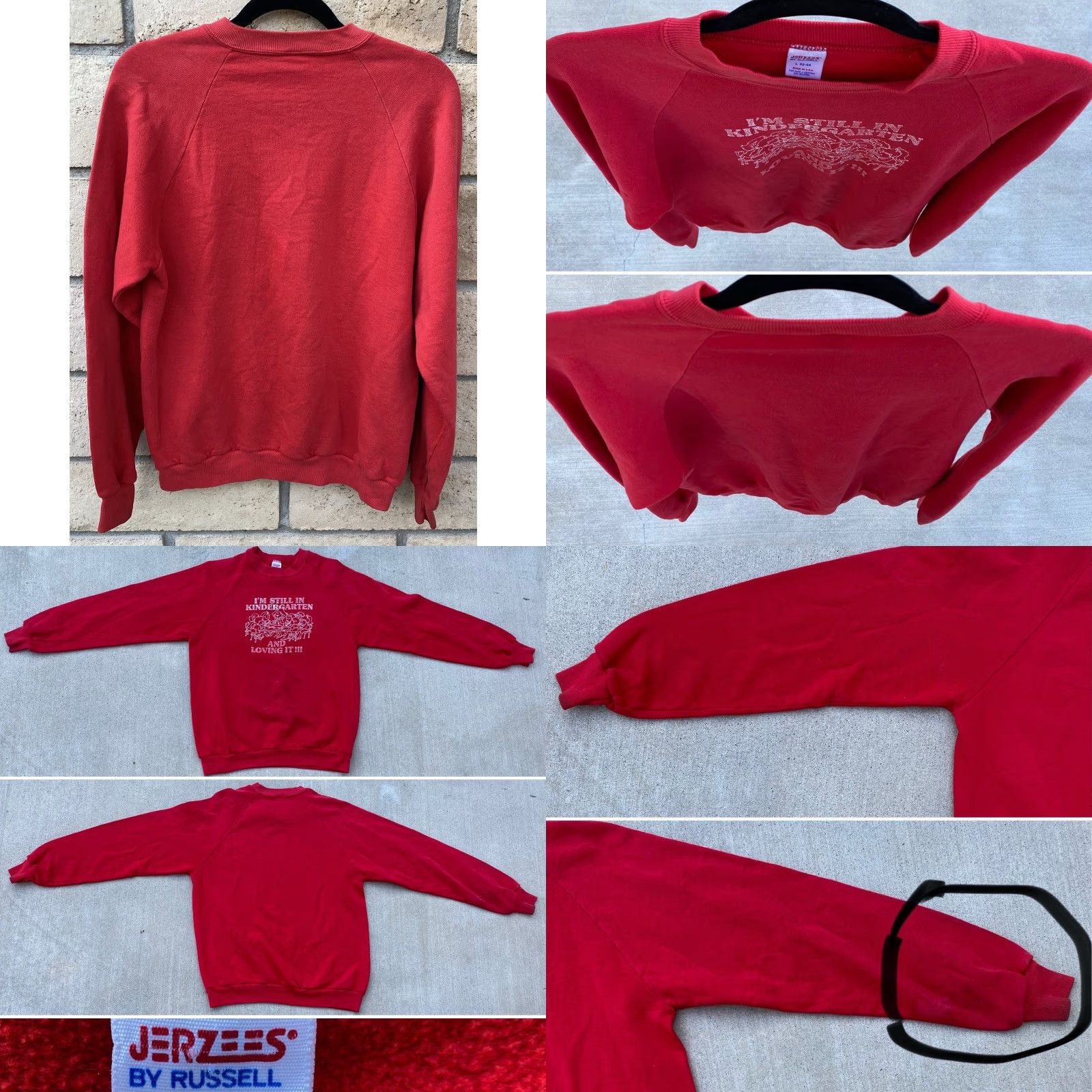 Jerzees VINTAGE Im Still In Kindergarten And Loving It Raglan Sweatshirt Worn Distressed Mens L Red Jerzees Graphic Print Cotton Blend Pullover Long Sleeve Size US L / EU 52-54 / 3 - 9 Thumbnail