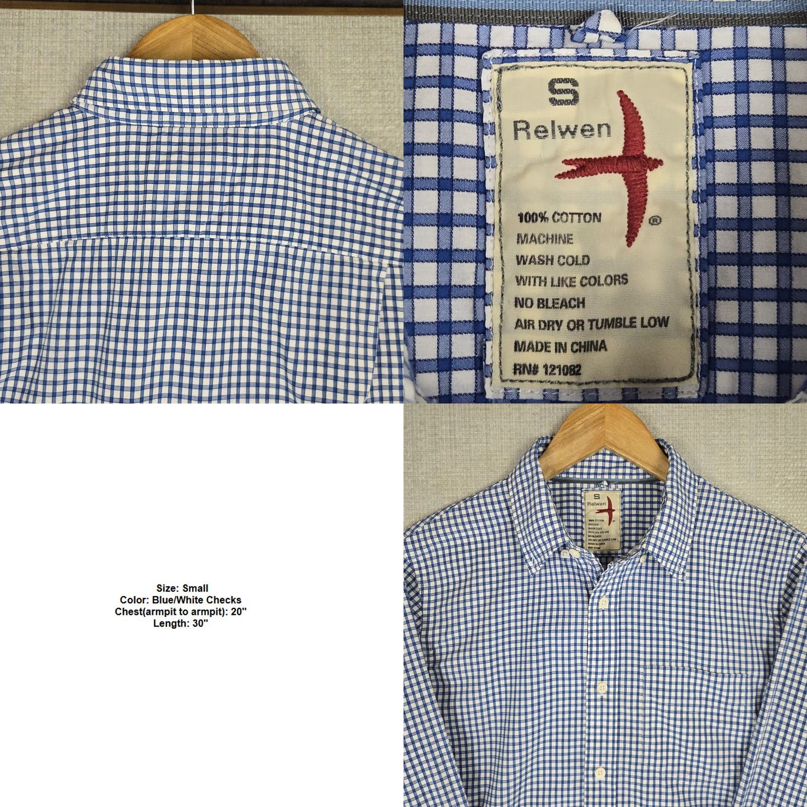Relwen Relwen Shirt Mens S Blue Size Button Down White Gingham Checks Long Sleeve Size US S / EU 44-46 / 1 - 8 Thumbnail