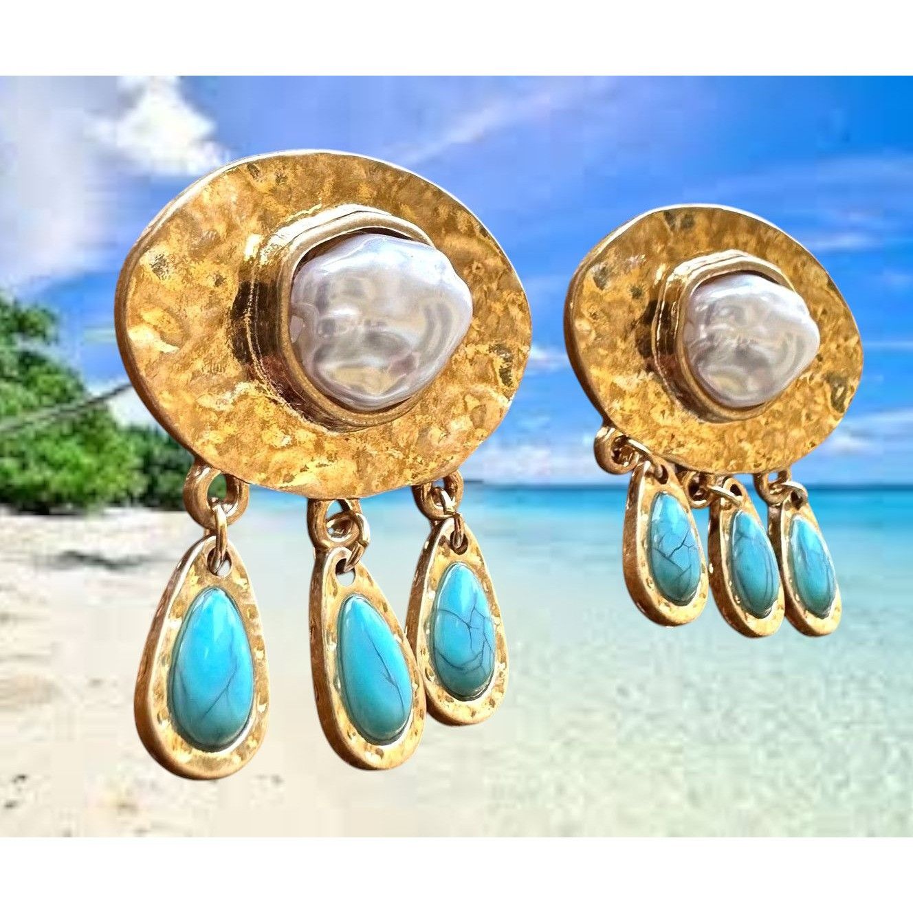 Handmade Hammered Metal Faux Pearl Turquoise Earrings Posts New Crui Size ONE SIZE - 8 Thumbnail