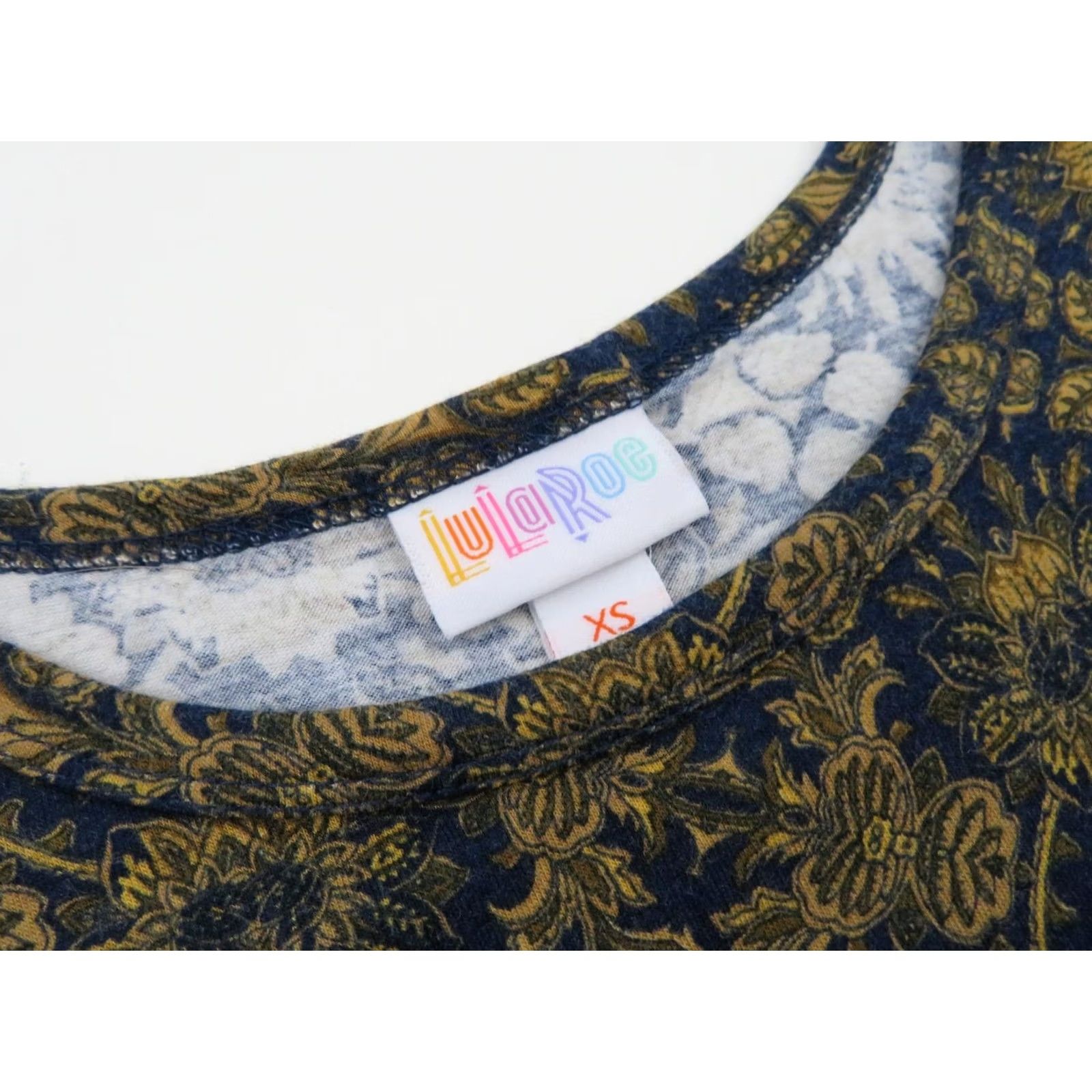Vintage LuLaRoe Carly Shirt Dress XS Blue Gold Floral Graphic Print Stretch Swing Trapeze Tee Women Size XS / US 0-2 / IT 36-38 - 4 Thumbnail